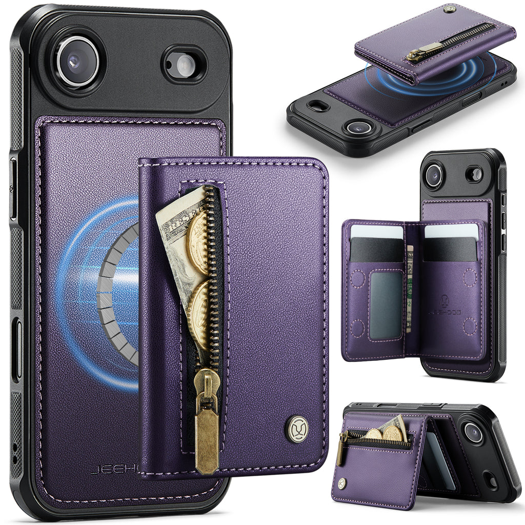 For iPhone Air Case JEEHOOD J12 Magnetic  Detachable Zipper Wallet Kickstand Leather Back Cover Compatible with MagSafe