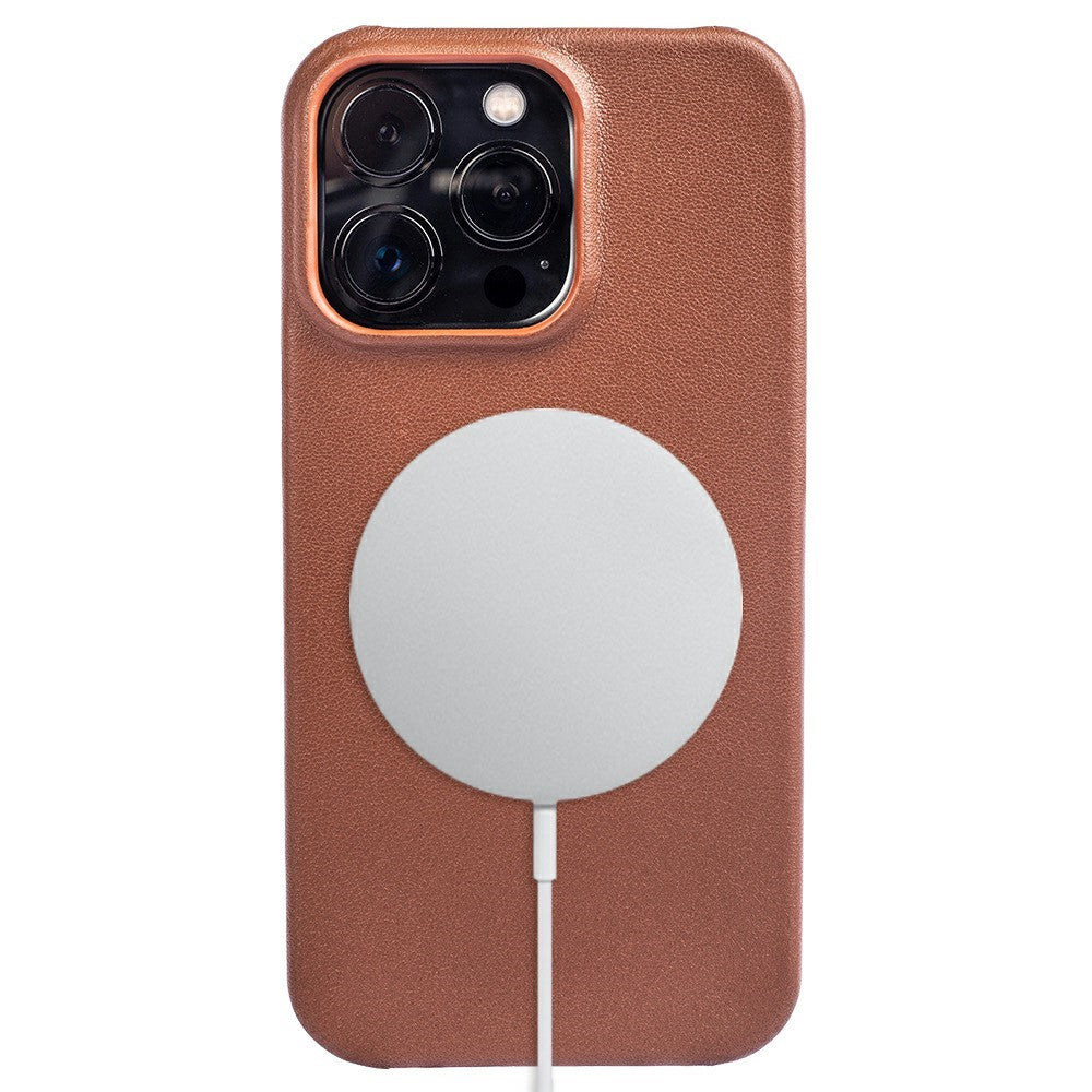 For iPhone 16 Pro Case Compatible with MagSafe Nappa Texture Genuine Cow Leather + PC Phone Cover