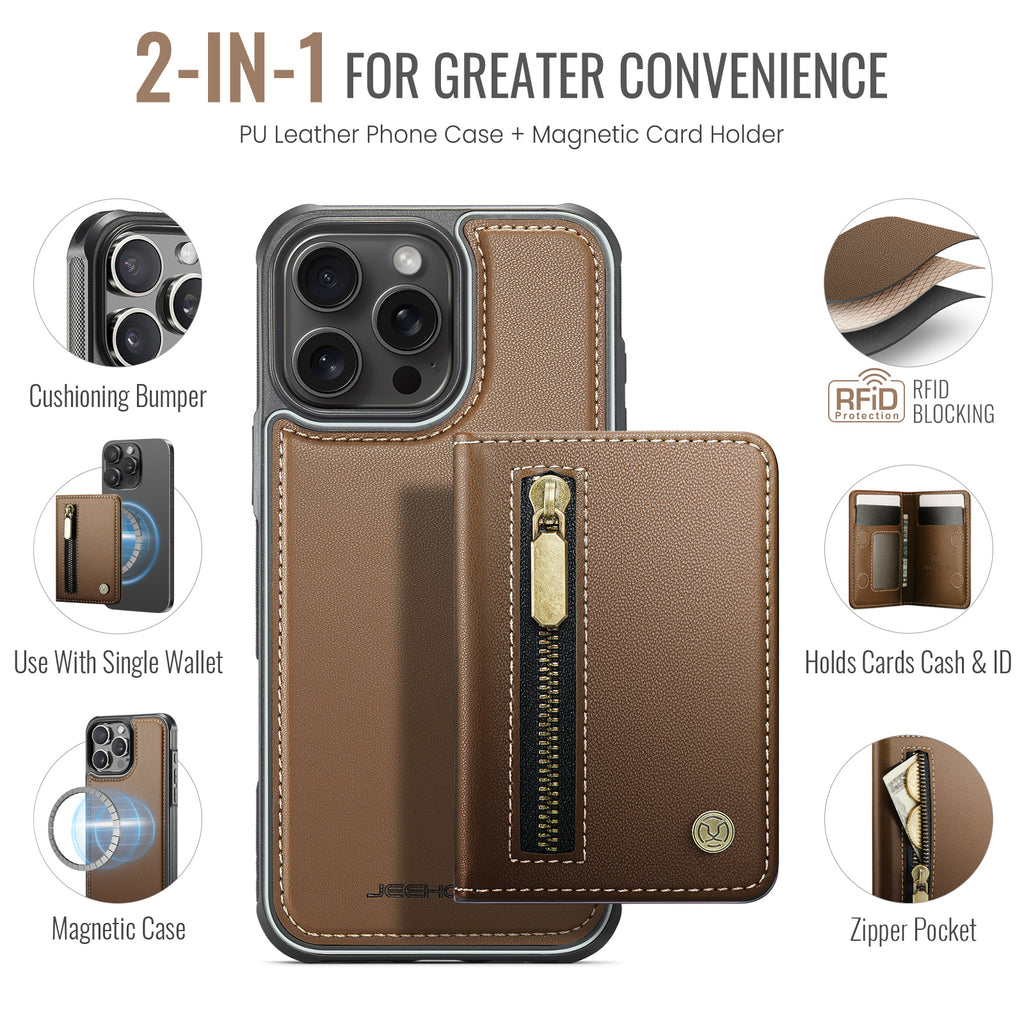 For iPhone 16 Pro Case JEEHOOD J12 Magnetic  Detachable Zipper Wallet Kickstand Leather Back Cover Compatible with MagSafe