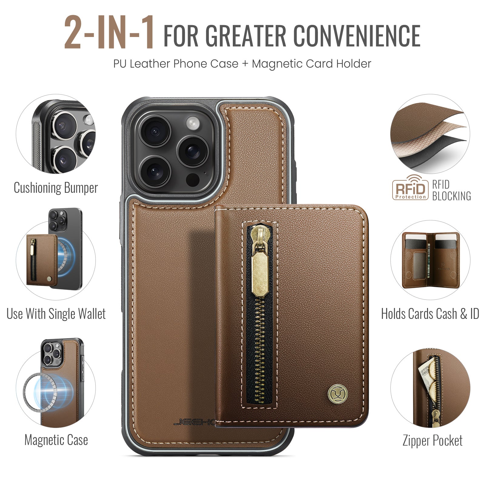 For iPhone 16 Pro Case JEEHOOD J12 Magnetic  Detachable Zipper Wallet Kickstand Leather Back Cover Compatible with MagSafe