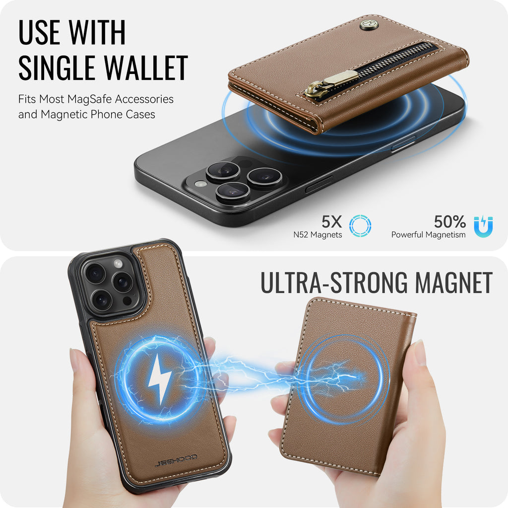 For iPhone 16 Pro Case JEEHOOD J12 Magnetic  Detachable Zipper Wallet Kickstand Leather Back Cover Compatible with MagSafe