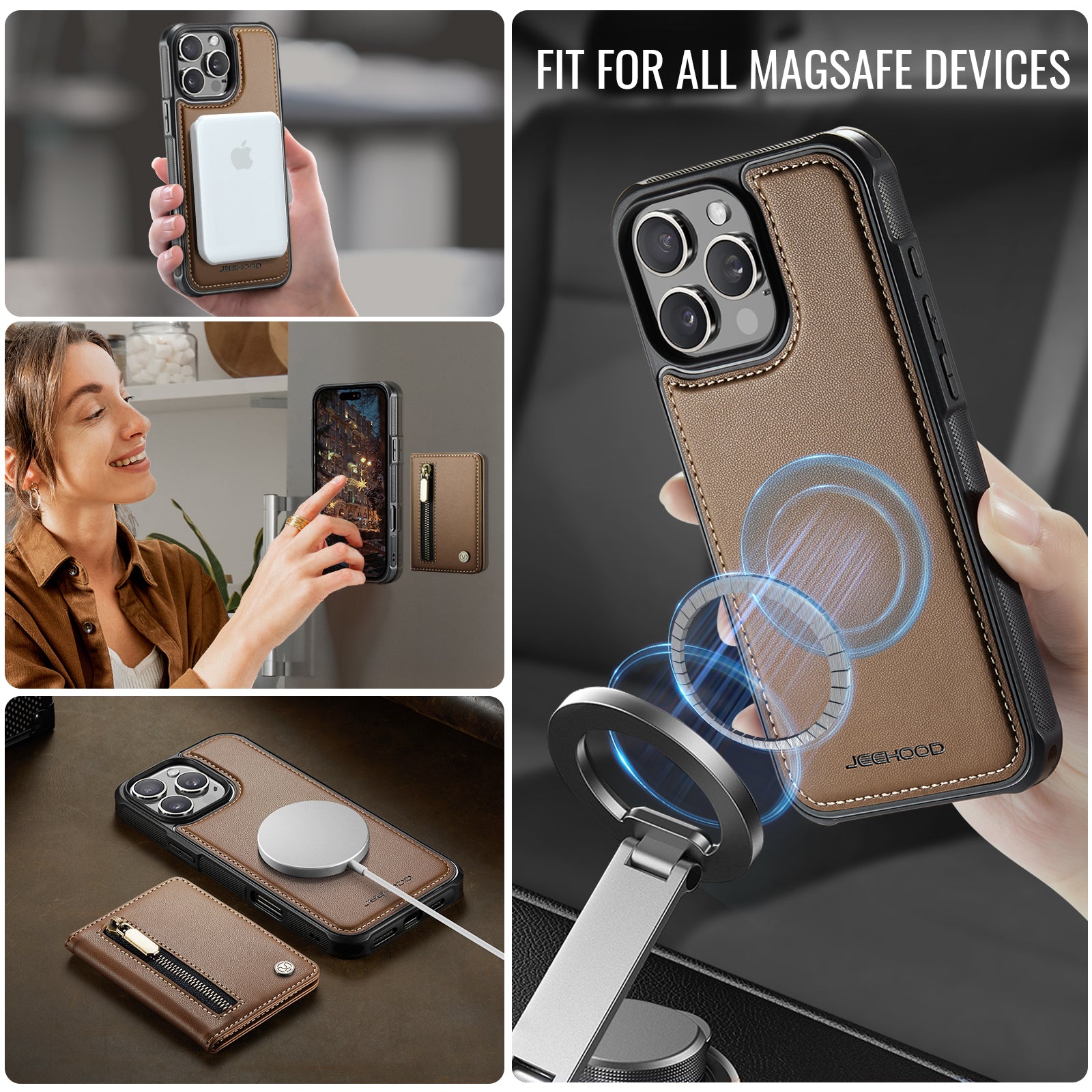 For iPhone 16 Pro Case JEEHOOD J12 Magnetic  Detachable Zipper Wallet Kickstand Leather Back Cover Compatible with MagSafe