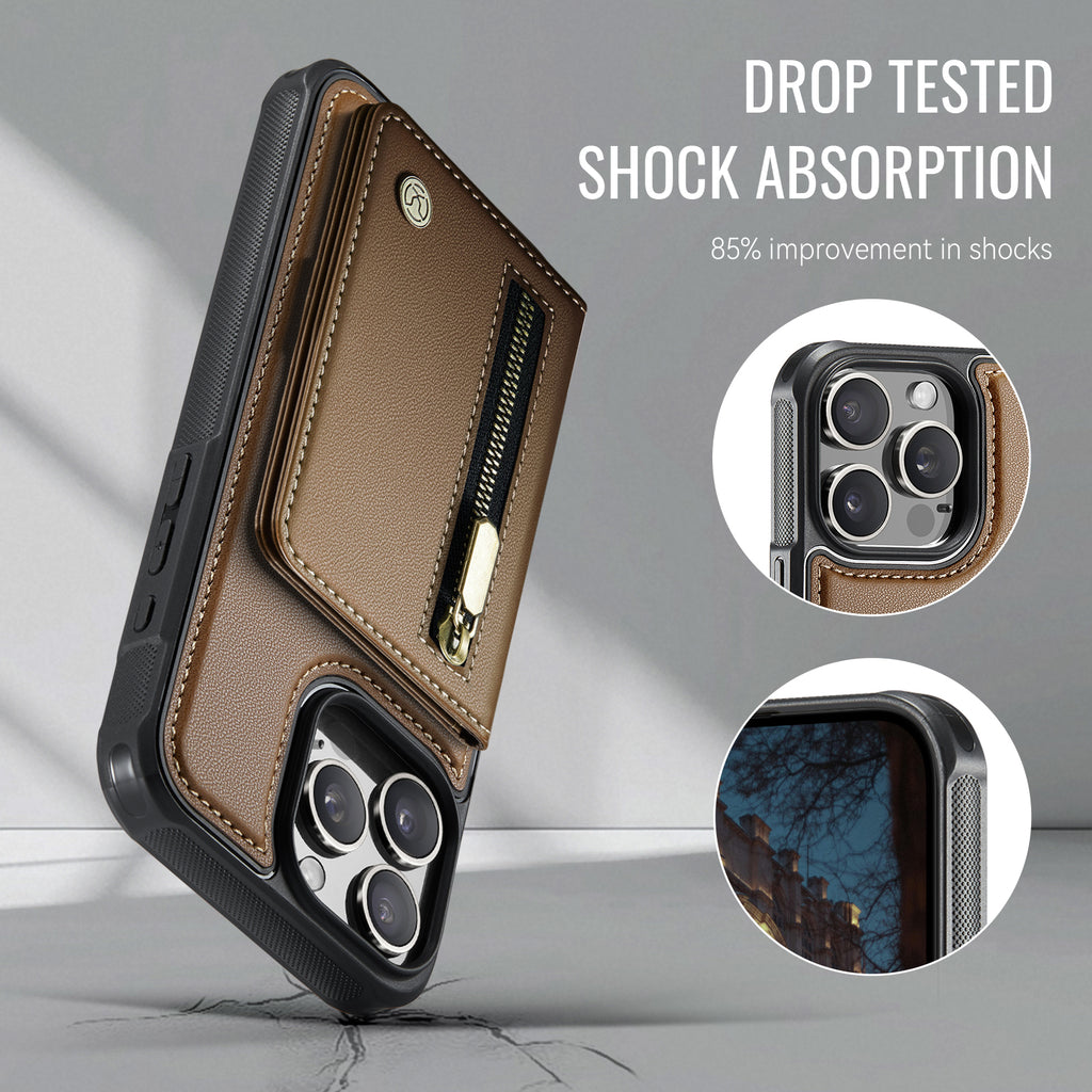 For iPhone 16 Pro Case JEEHOOD J12 Magnetic  Detachable Zipper Wallet Kickstand Leather Back Cover Compatible with MagSafe