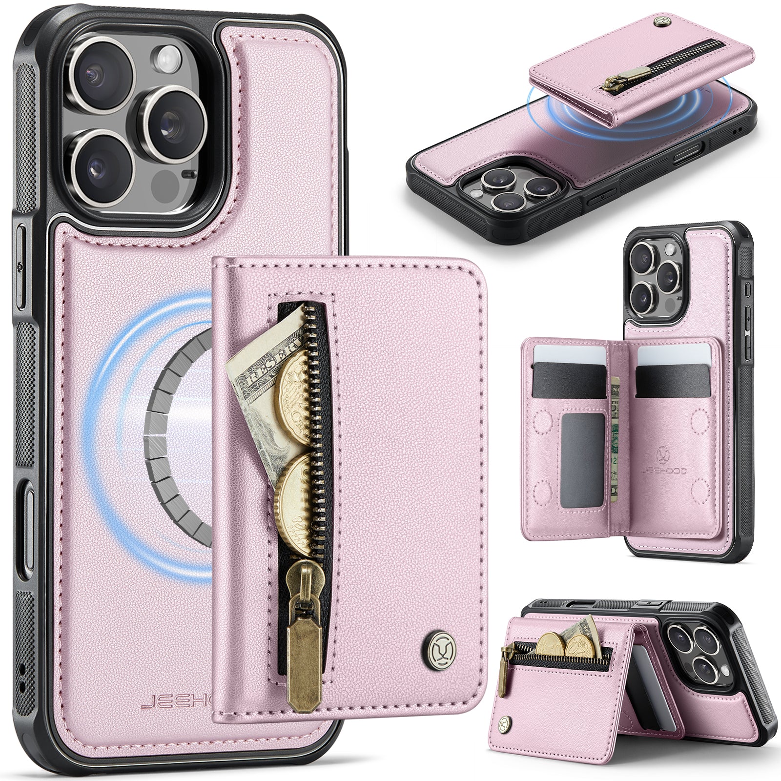 For iPhone 16 Pro Case JEEHOOD J12 Magnetic  Detachable Zipper Wallet Kickstand Leather Back Cover Compatible with MagSafe