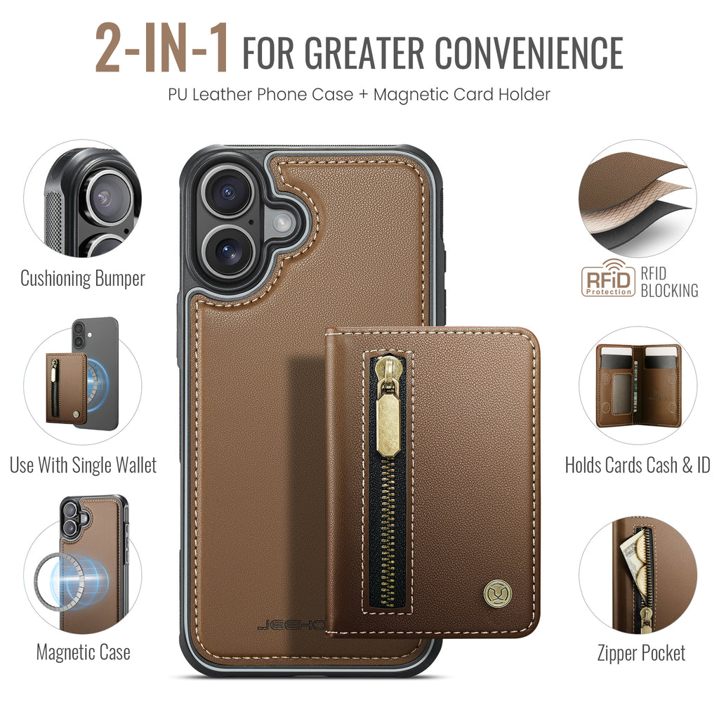 For iPhone 16 Case JEEHOOD J12 Magnetic  Detachable Zipper Wallet Kickstand Leather Back Cover Compatible with MagSafe