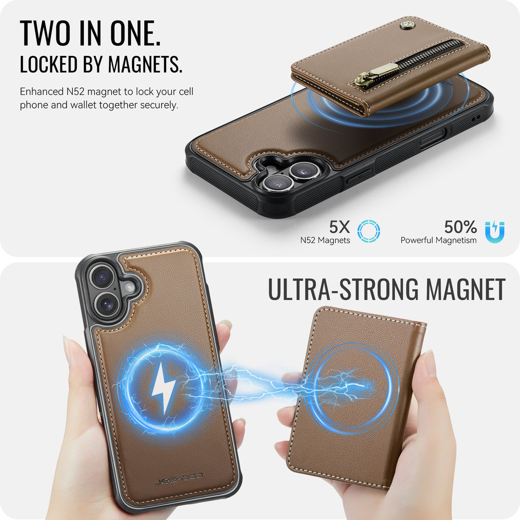 For iPhone 16 Case JEEHOOD J12 Magnetic  Detachable Zipper Wallet Kickstand Leather Back Cover Compatible with MagSafe