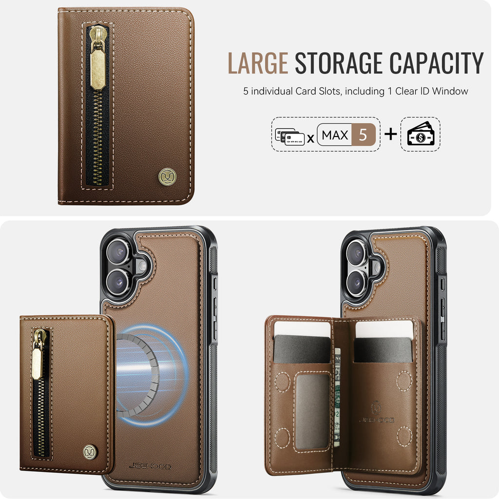 For iPhone 16 Case JEEHOOD J12 Magnetic  Detachable Zipper Wallet Kickstand Leather Back Cover Compatible with MagSafe