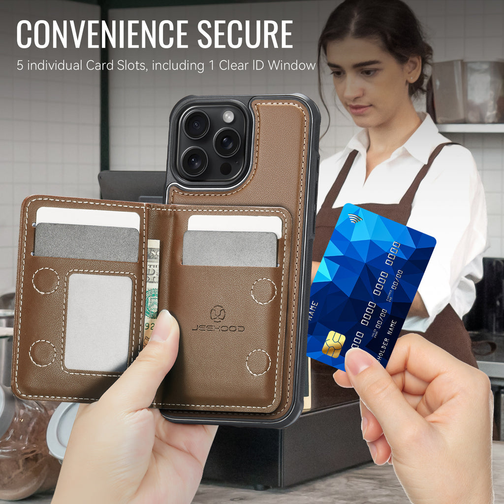 For iPhone 16 Pro Max Case JEEHOOD J12 Magnetic  Detachable Zipper Wallet Kickstand Leather Back Cover Compatible with MagSafe