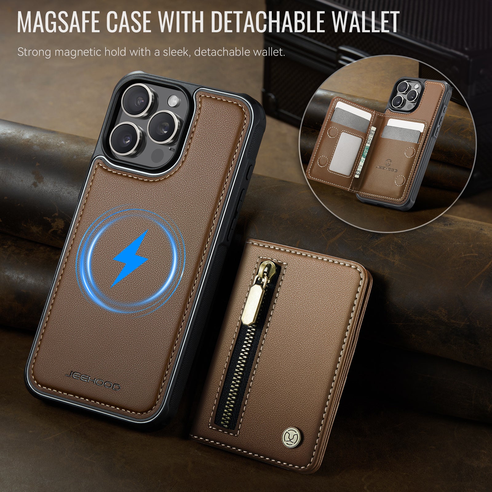 For iPhone 16 Pro Max Case JEEHOOD J12 Magnetic  Detachable Zipper Wallet Kickstand Leather Back Cover Compatible with MagSafe