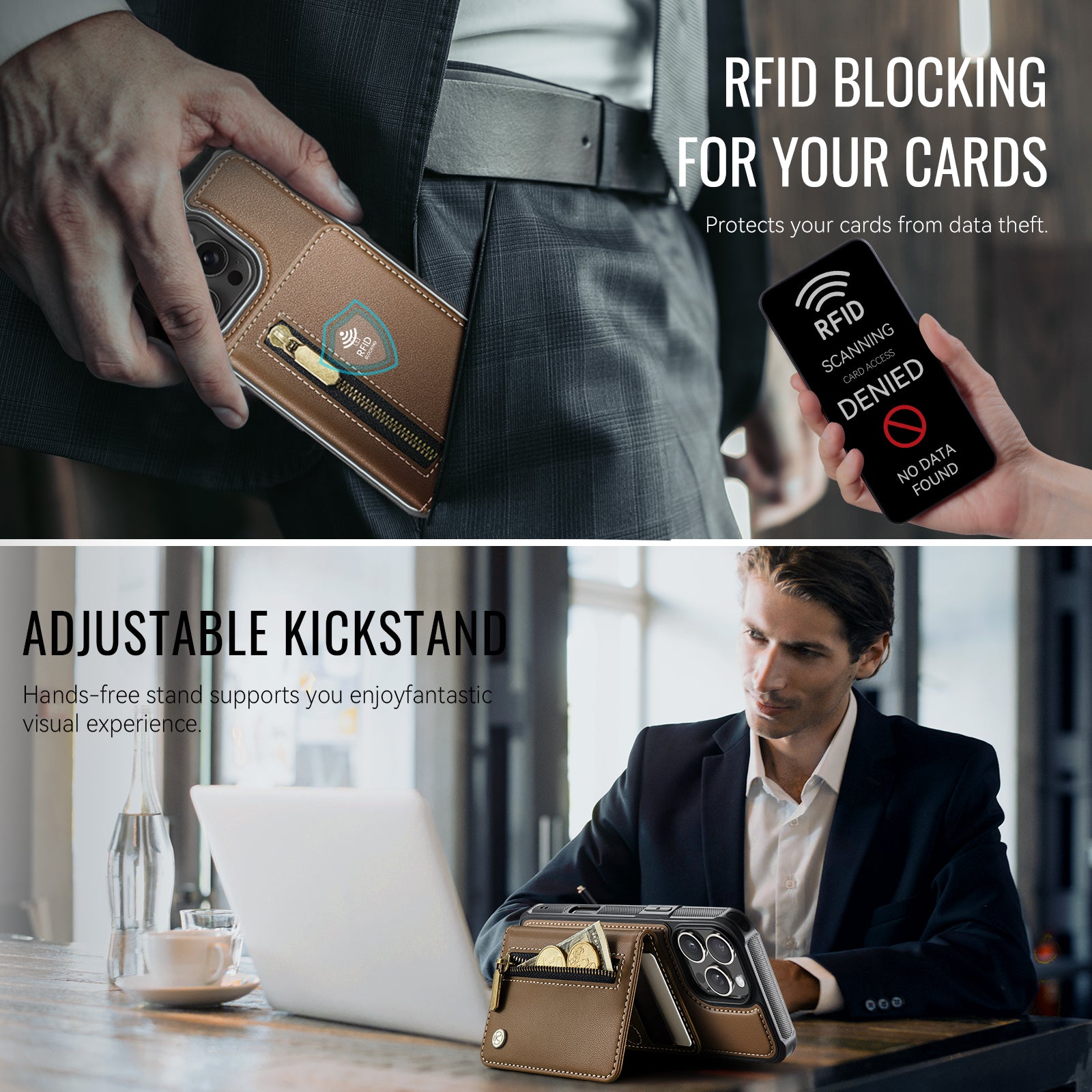 For iPhone 16 Pro Max Case JEEHOOD J12 Magnetic  Detachable Zipper Wallet Kickstand Leather Back Cover Compatible with MagSafe