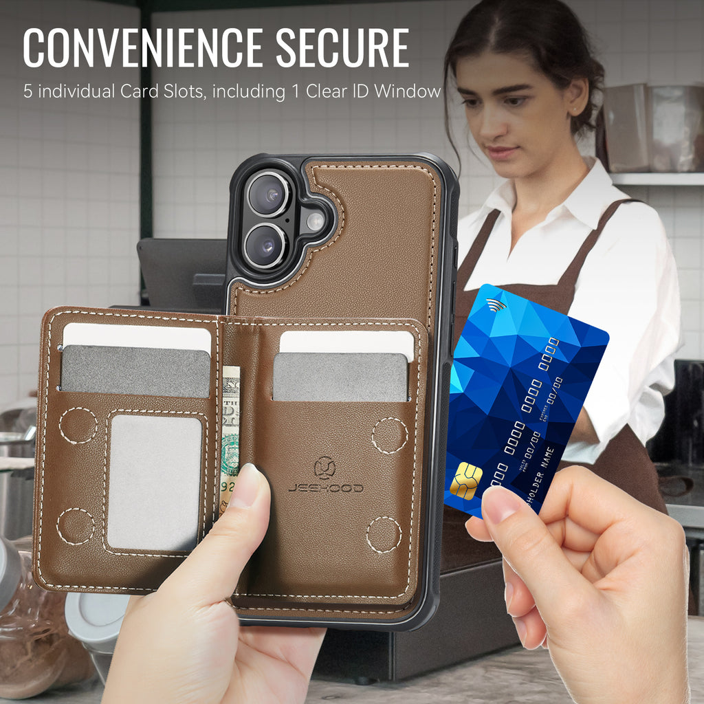 For iPhone 16 Plus Case JEEHOOD J12 Magnetic  Detachable Zipper Wallet Kickstand Leather Back Cover Compatible with MagSafe