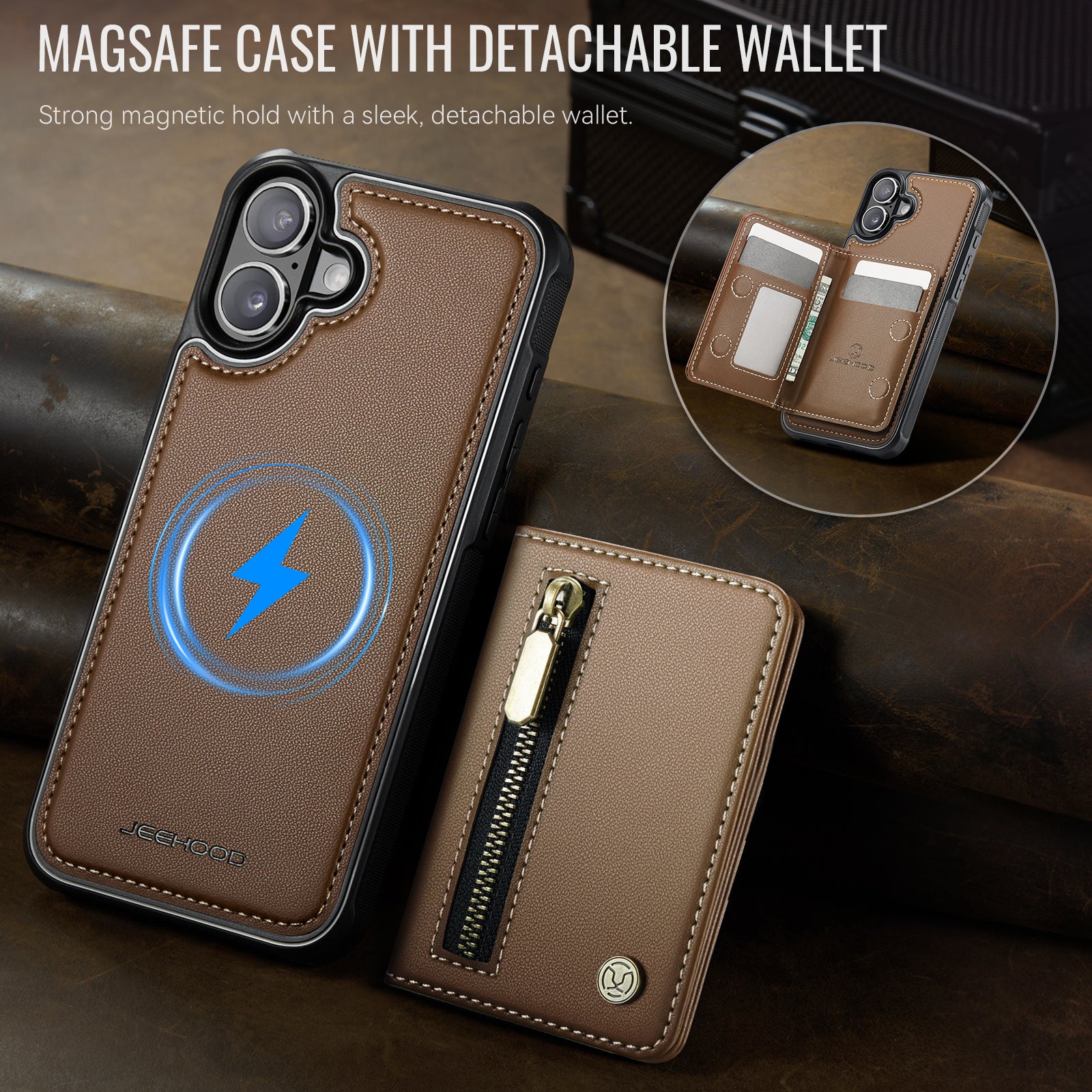 For iPhone 16 Plus Case JEEHOOD J12 Magnetic  Detachable Zipper Wallet Kickstand Leather Back Cover Compatible with MagSafe
