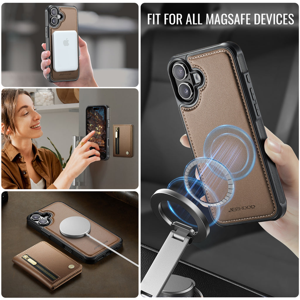For iPhone 16 Plus Case JEEHOOD J12 Magnetic  Detachable Zipper Wallet Kickstand Leather Back Cover Compatible with MagSafe