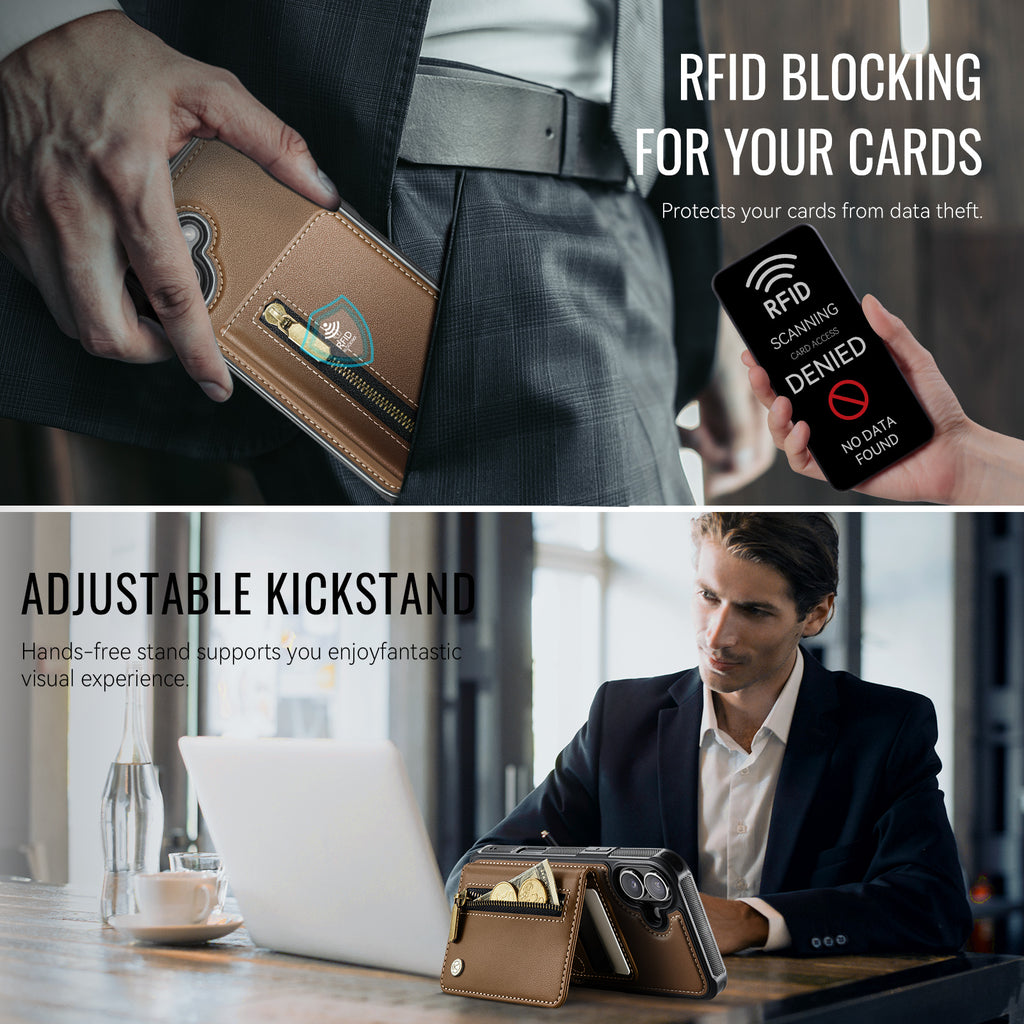 For iPhone 16 Plus Case JEEHOOD J12 Magnetic  Detachable Zipper Wallet Kickstand Leather Back Cover Compatible with MagSafe