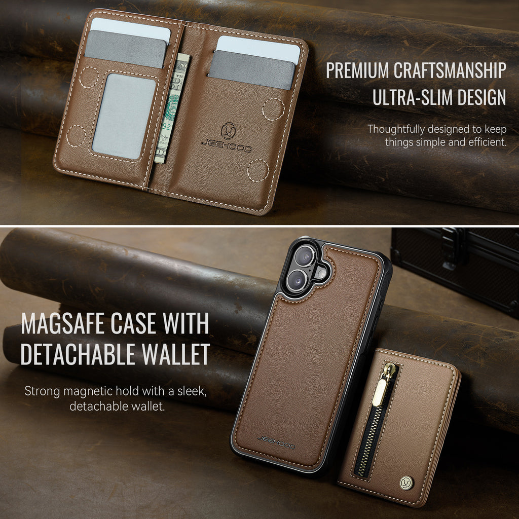 For iPhone 16 Plus Case JEEHOOD J12 Magnetic  Detachable Zipper Wallet Kickstand Leather Back Cover Compatible with MagSafe