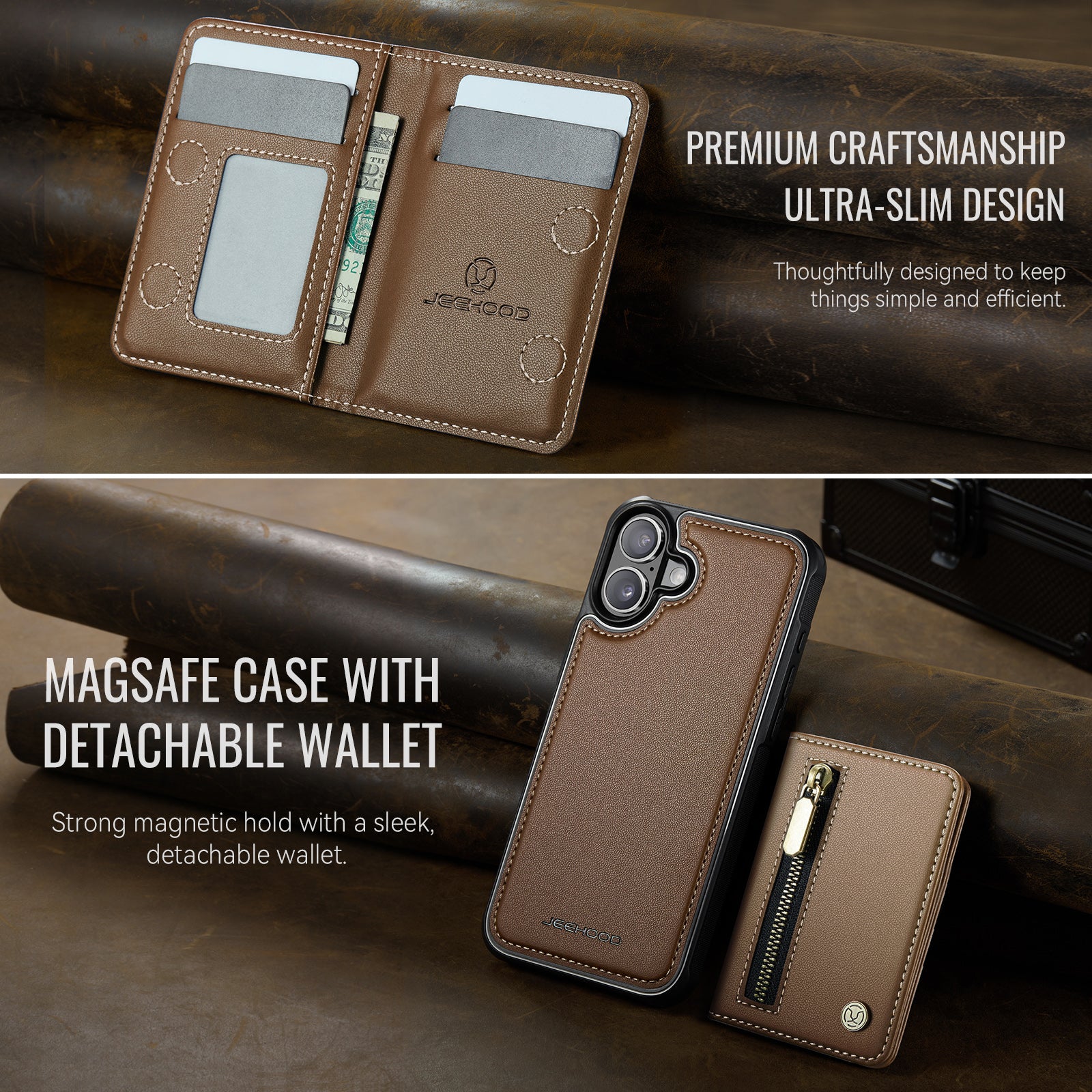 For iPhone 16 Plus Case JEEHOOD J12 Magnetic  Detachable Zipper Wallet Kickstand Leather Back Cover Compatible with MagSafe