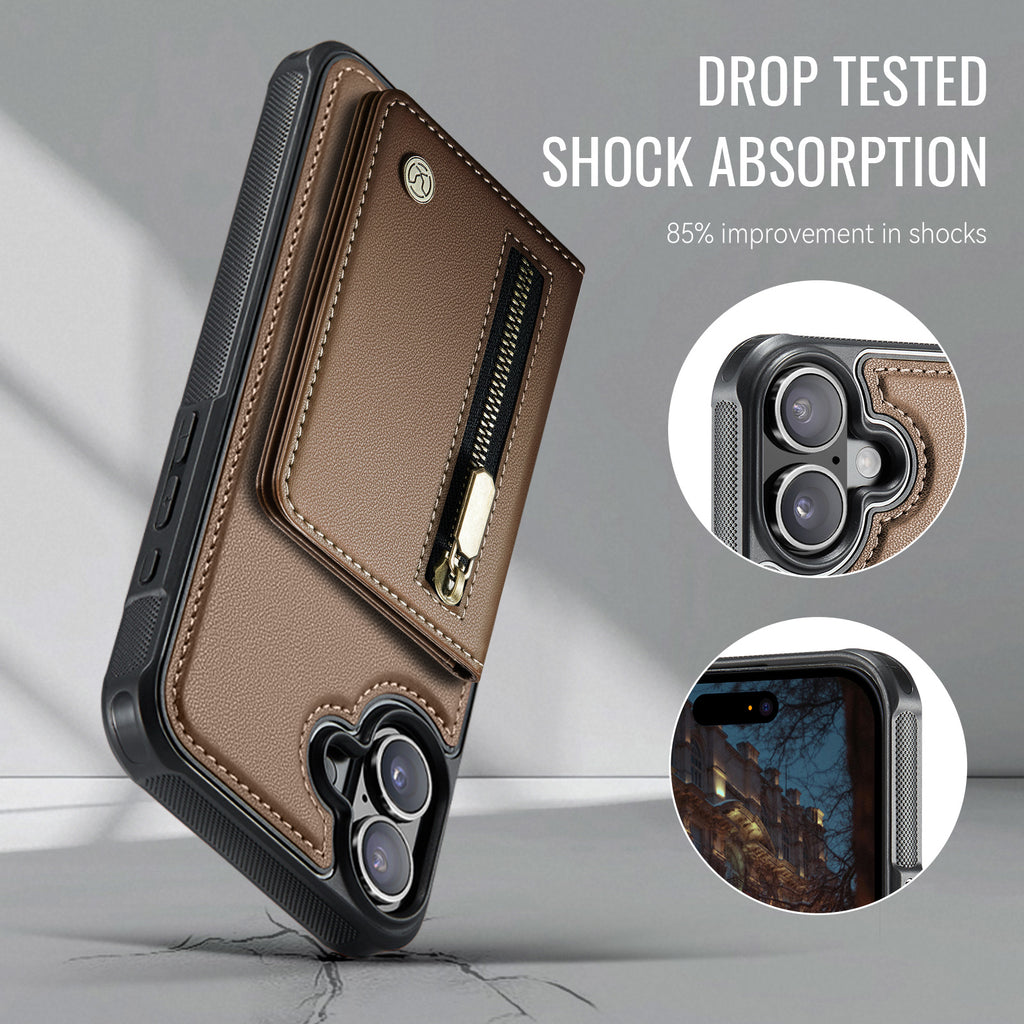 For iPhone 16 Plus Case JEEHOOD J12 Magnetic  Detachable Zipper Wallet Kickstand Leather Back Cover Compatible with MagSafe