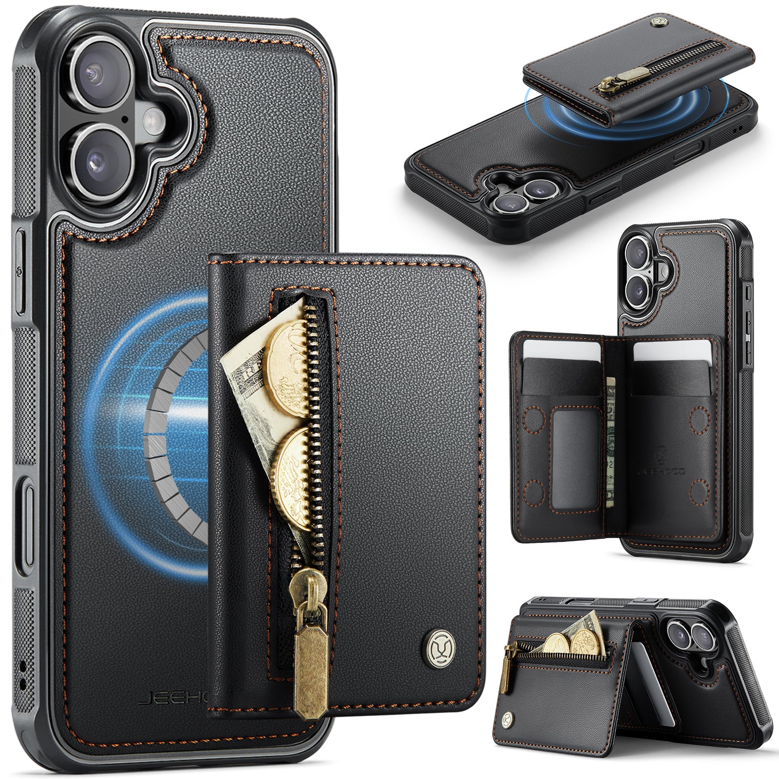 For iPhone 16 Plus Case JEEHOOD J12 Magnetic  Detachable Zipper Wallet Kickstand Leather Back Cover Compatible with MagSafe
