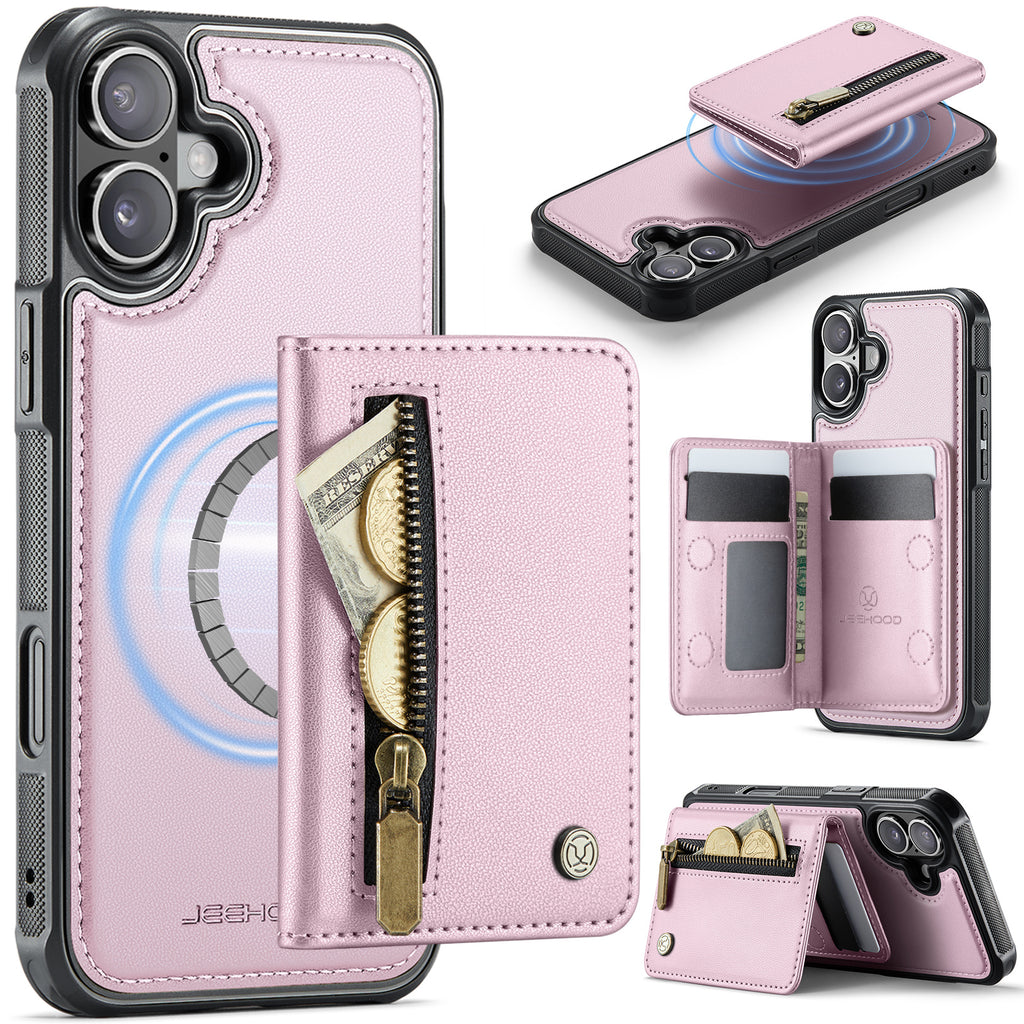 For iPhone 16 Plus Case JEEHOOD J12 Magnetic  Detachable Zipper Wallet Kickstand Leather Back Cover Compatible with MagSafe