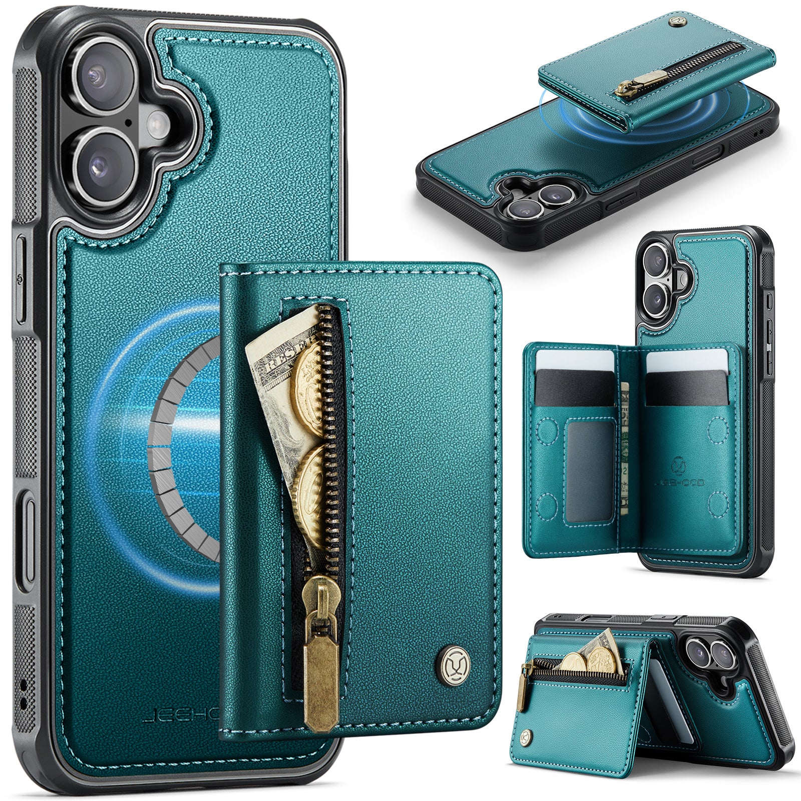 For iPhone 16 Plus Case JEEHOOD J12 Magnetic  Detachable Zipper Wallet Kickstand Leather Back Cover Compatible with MagSafe