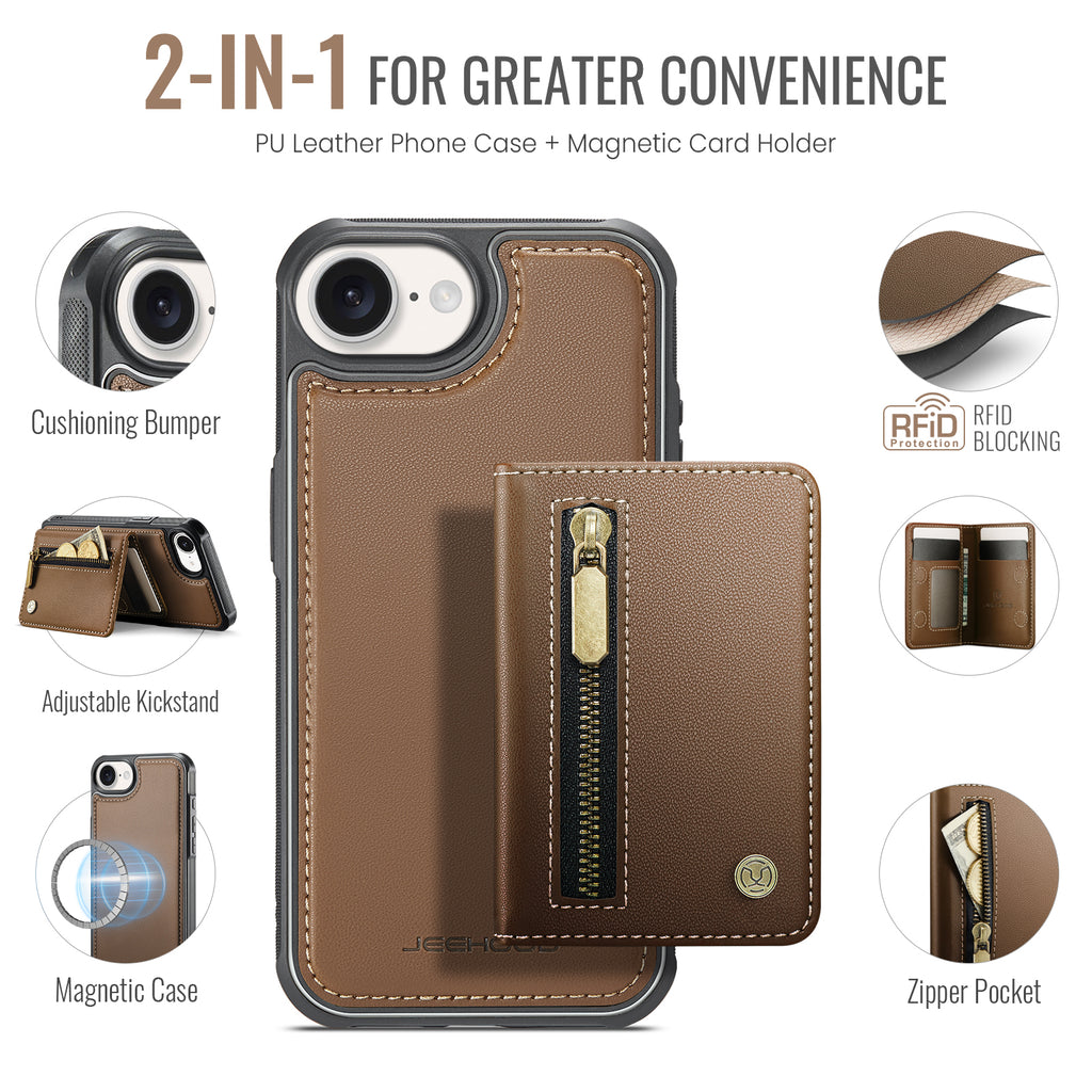For iPhone 16e Case JEEHOOD J12 Magnetic  Detachable Zipper Wallet Kickstand Leather Back Cover Compatible with MagSafe