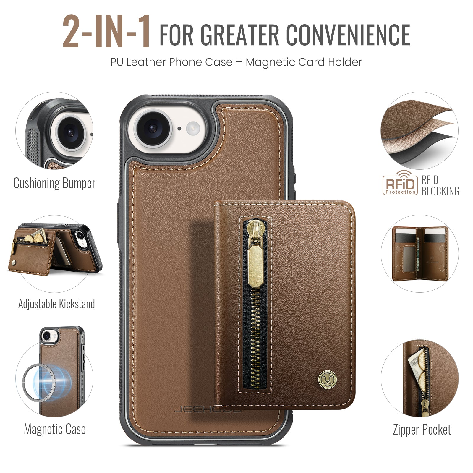 For iPhone 16e Case JEEHOOD J12 Magnetic  Detachable Zipper Wallet Kickstand Leather Back Cover Compatible with MagSafe