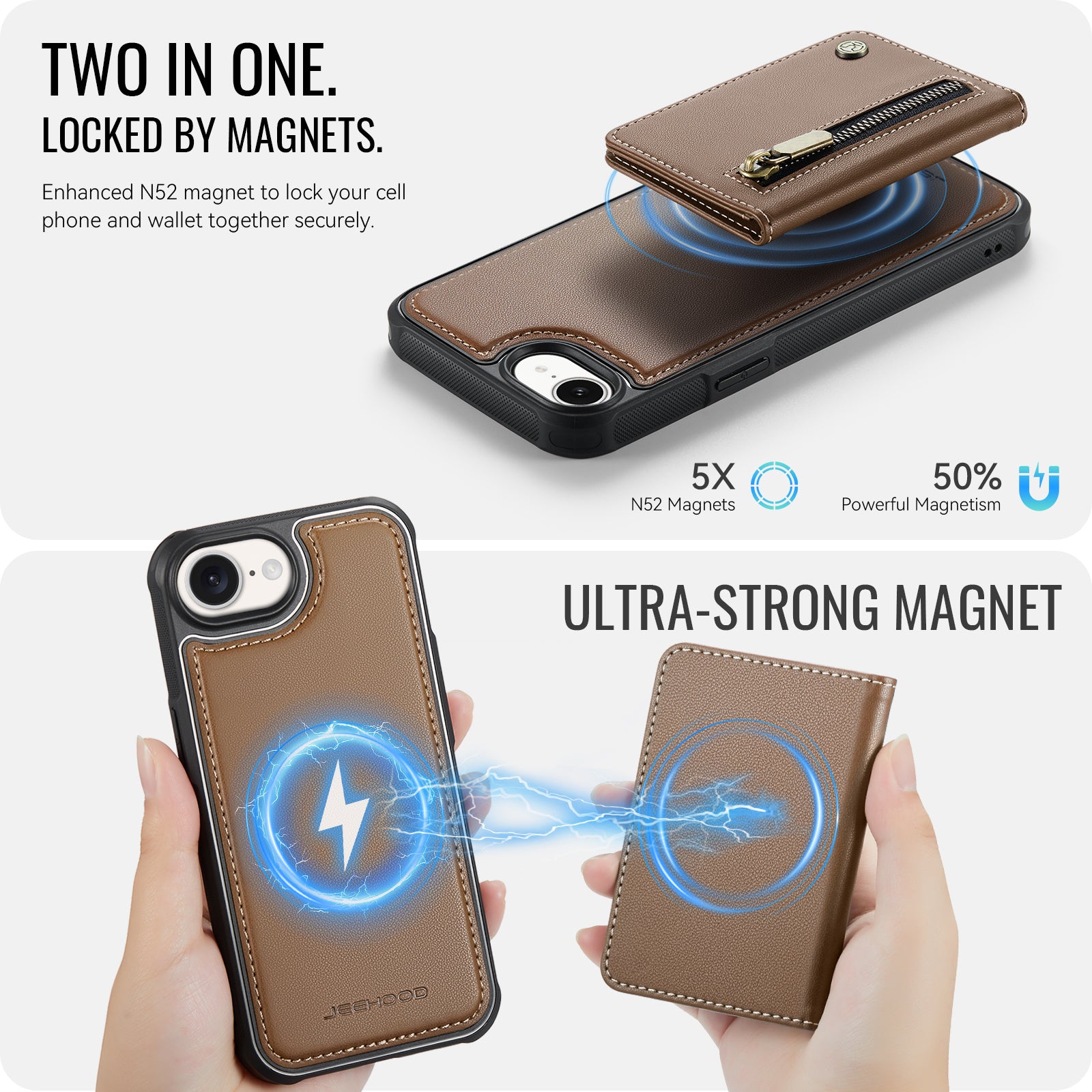 For iPhone 16e Case JEEHOOD J12 Magnetic  Detachable Zipper Wallet Kickstand Leather Back Cover Compatible with MagSafe