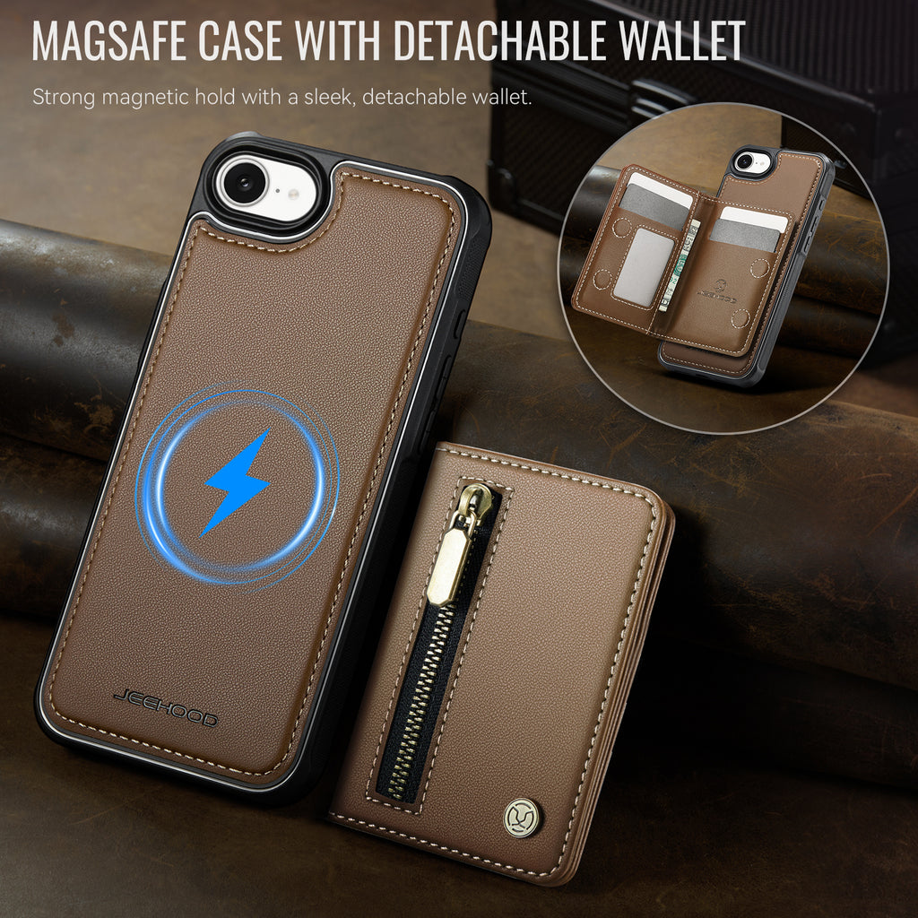 For iPhone 16e Case JEEHOOD J12 Magnetic  Detachable Zipper Wallet Kickstand Leather Back Cover Compatible with MagSafe