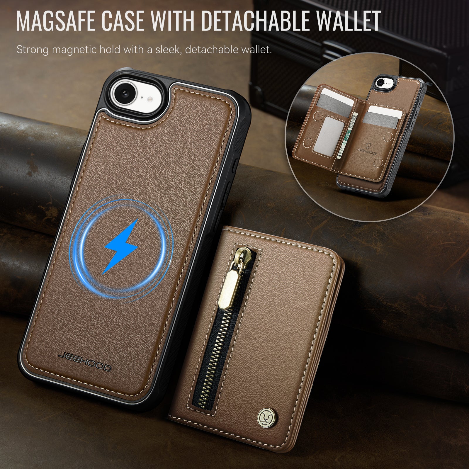 For iPhone 16e Case JEEHOOD J12 Magnetic  Detachable Zipper Wallet Kickstand Leather Back Cover Compatible with MagSafe