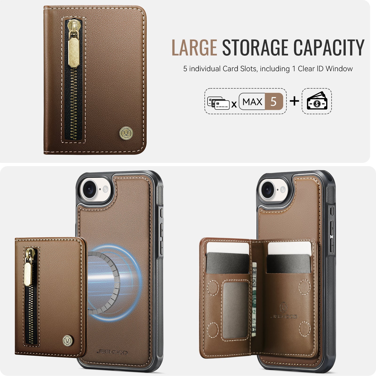 For iPhone 16e Case JEEHOOD J12 Magnetic  Detachable Zipper Wallet Kickstand Leather Back Cover Compatible with MagSafe