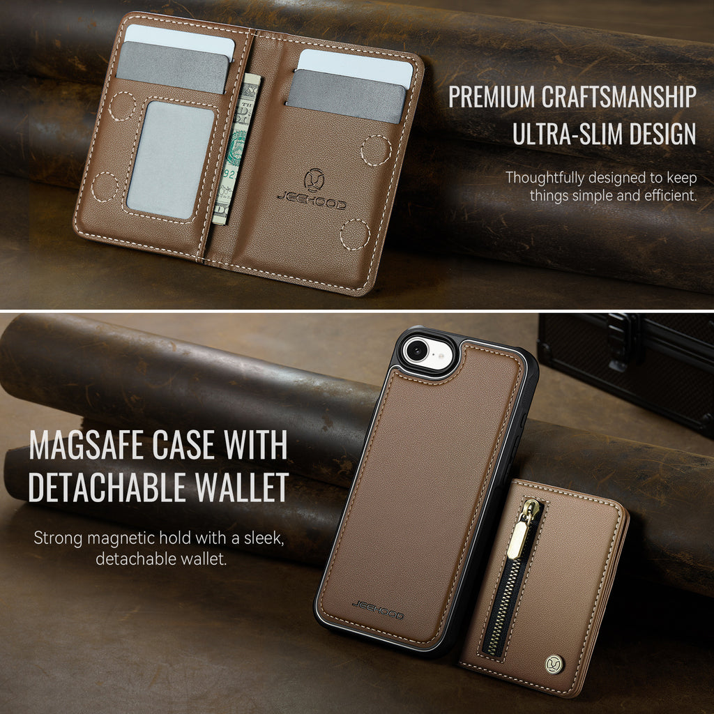 For iPhone 16e Case JEEHOOD J12 Magnetic  Detachable Zipper Wallet Kickstand Leather Back Cover Compatible with MagSafe