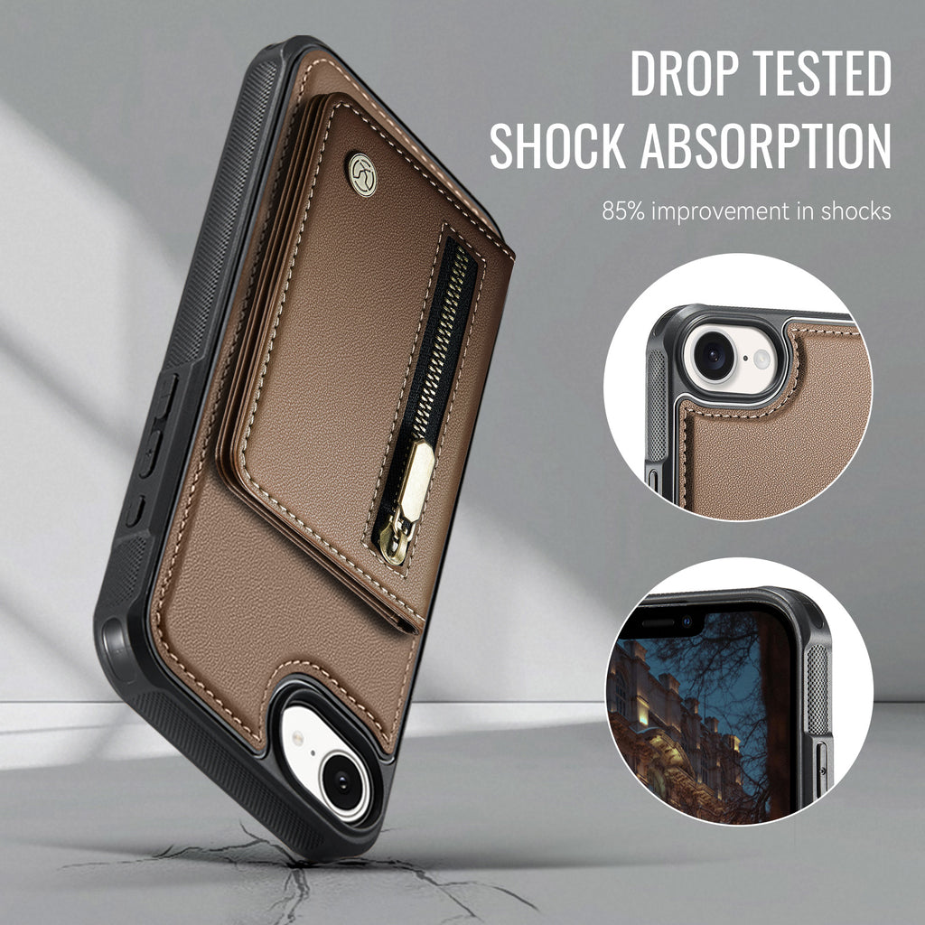 For iPhone 16e Case JEEHOOD J12 Magnetic  Detachable Zipper Wallet Kickstand Leather Back Cover Compatible with MagSafe