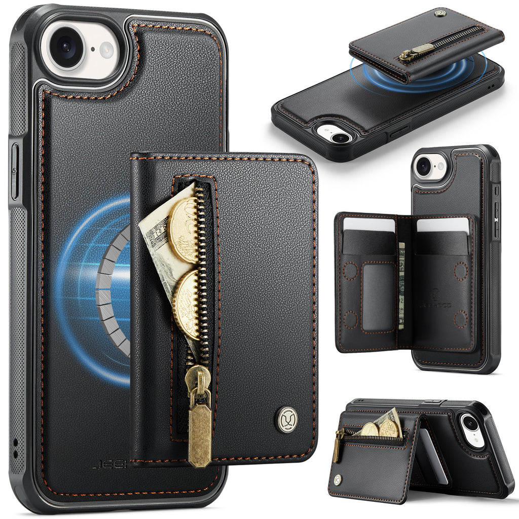 For iPhone 16e Case JEEHOOD J12 Magnetic  Detachable Zipper Wallet Kickstand Leather Back Cover Compatible with MagSafe