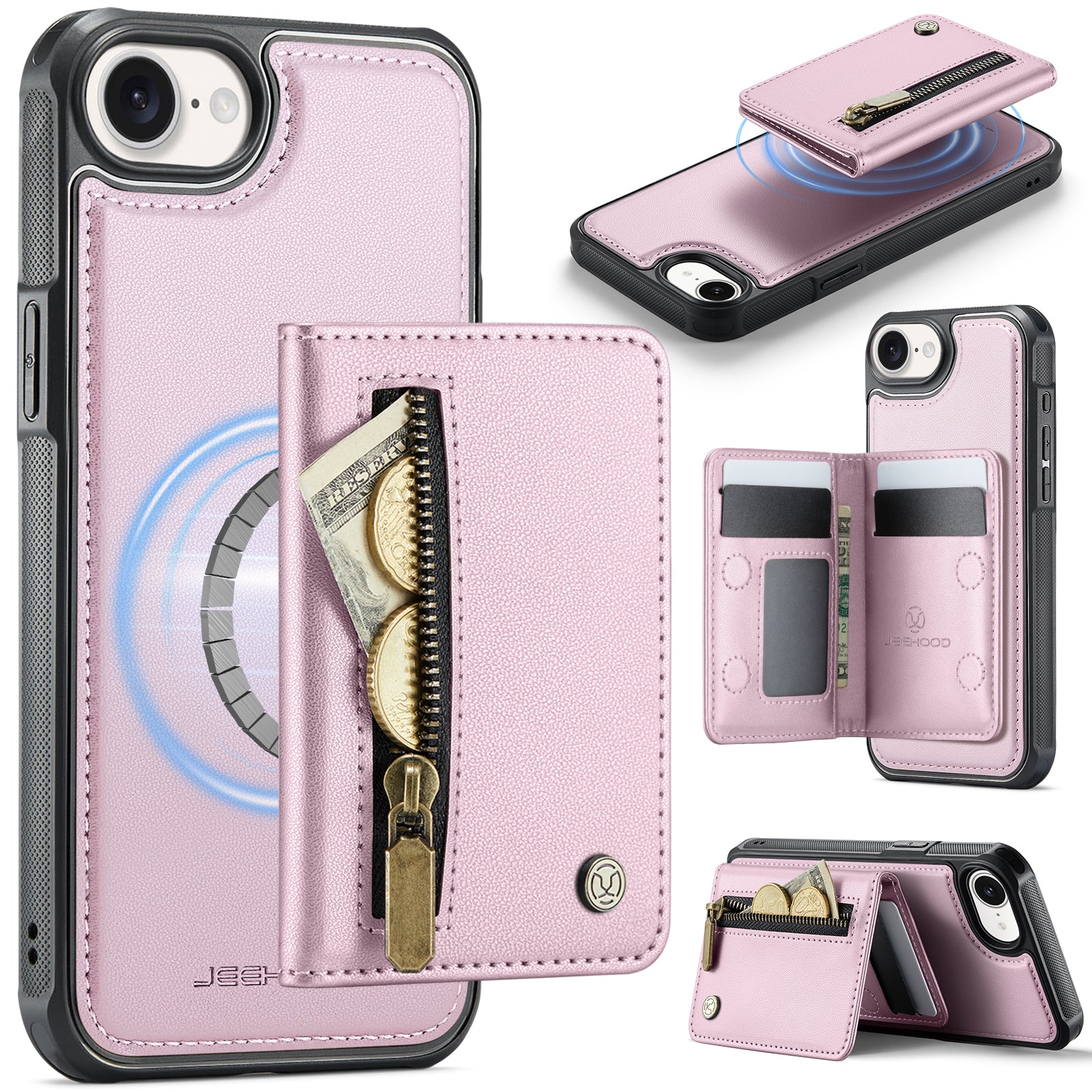 For iPhone 16e Case JEEHOOD J12 Magnetic  Detachable Zipper Wallet Kickstand Leather Back Cover Compatible with MagSafe