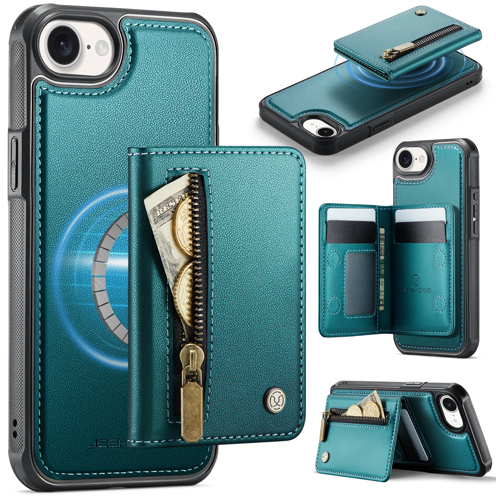 For iPhone 16e Case JEEHOOD J12 Magnetic  Detachable Zipper Wallet Kickstand Leather Back Cover Compatible with MagSafe