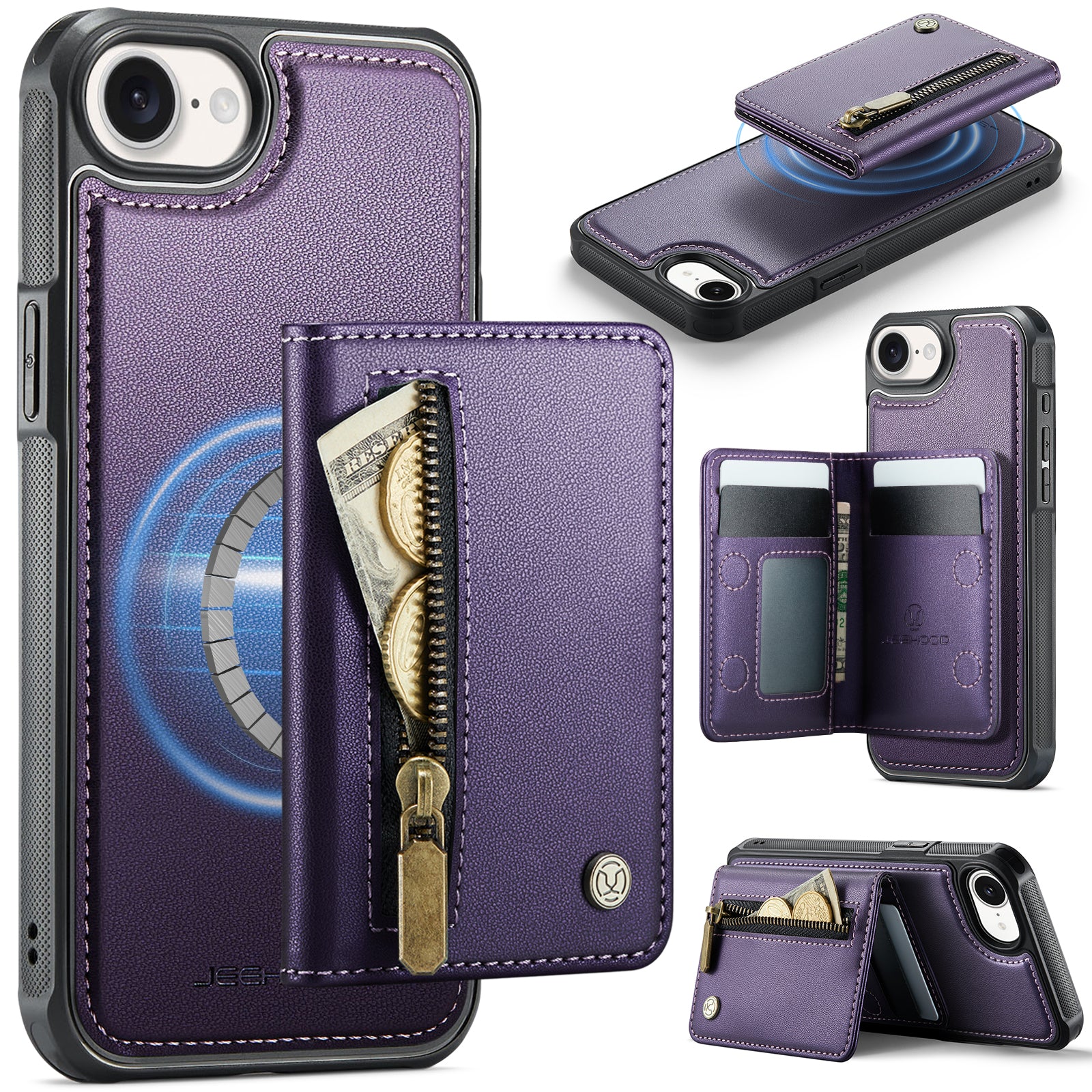 For iPhone 16e Case JEEHOOD J12 Magnetic  Detachable Zipper Wallet Kickstand Leather Back Cover Compatible with MagSafe