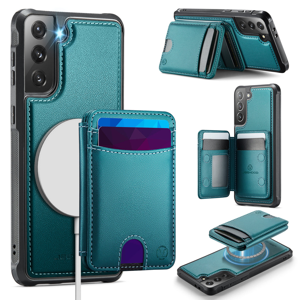 For Samsung Galaxy S21+ 5G Case JEEHOOD J10  Compatible with MagSafe Leather Back Phone Cover with Detachable Card Holder Kickstand