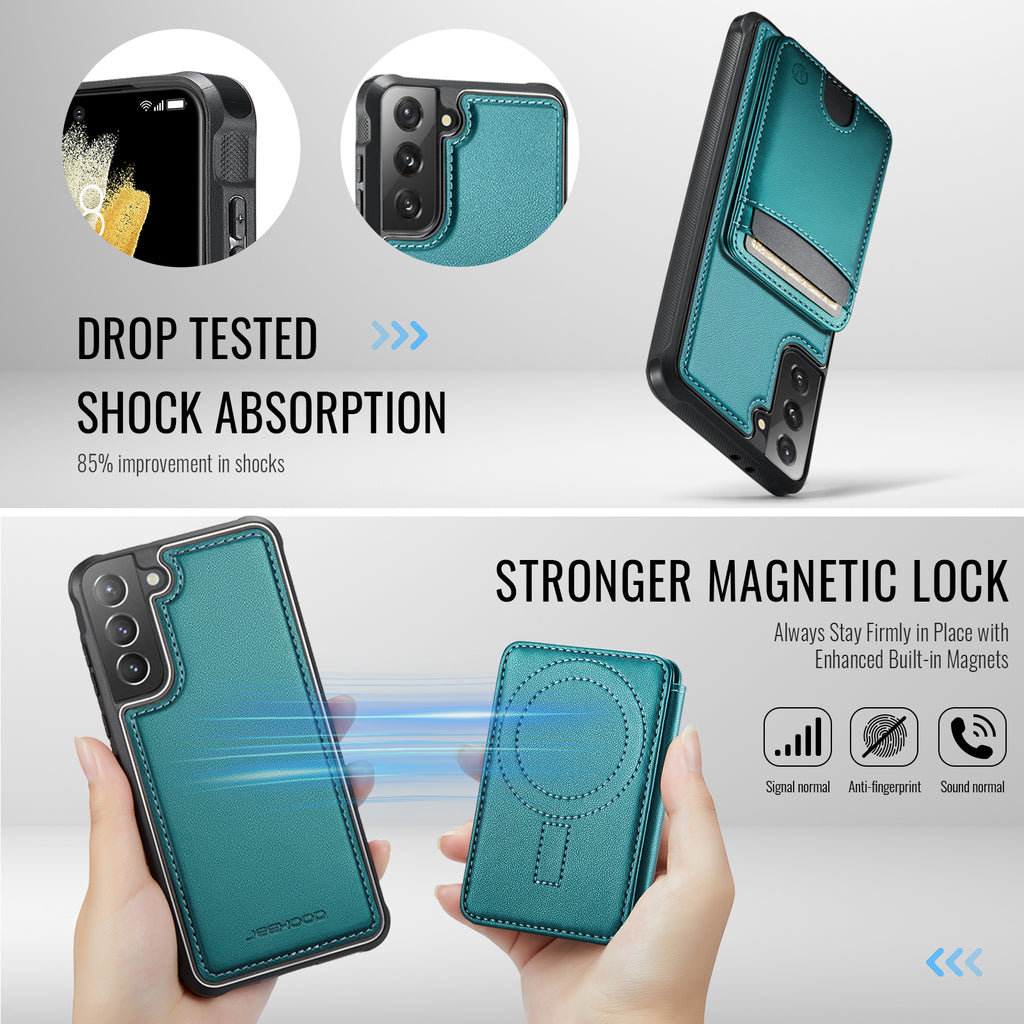 For Samsung Galaxy S21+ 5G Case JEEHOOD J10  Compatible with MagSafe Leather Back Phone Cover with Detachable Card Holder Kickstand