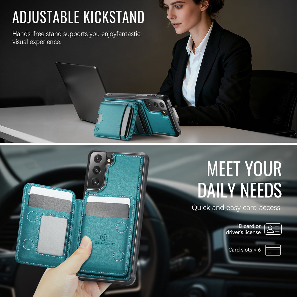 For Samsung Galaxy S21+ 5G Case JEEHOOD J10  Compatible with MagSafe Leather Back Phone Cover with Detachable Card Holder Kickstand