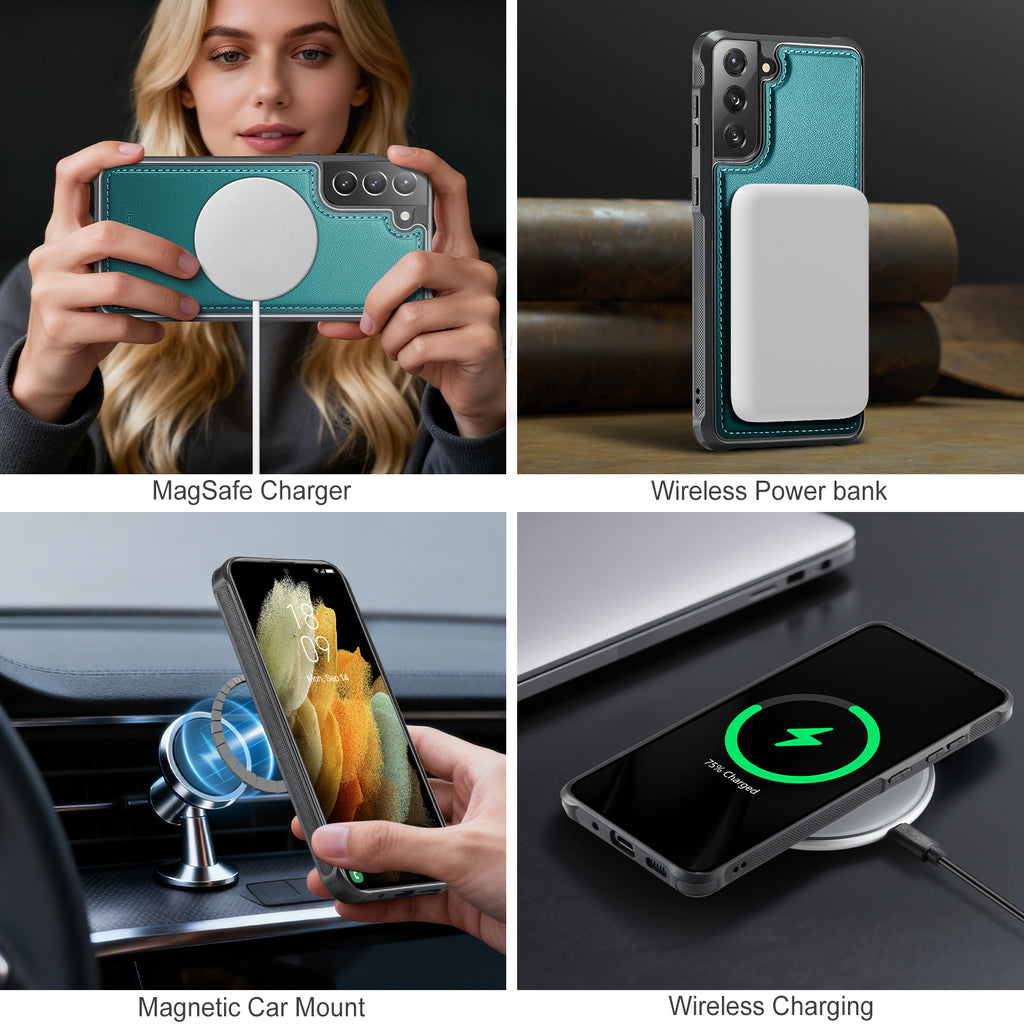 For Samsung Galaxy S21+ 5G Case JEEHOOD J10  Compatible with MagSafe Leather Back Phone Cover with Detachable Card Holder Kickstand