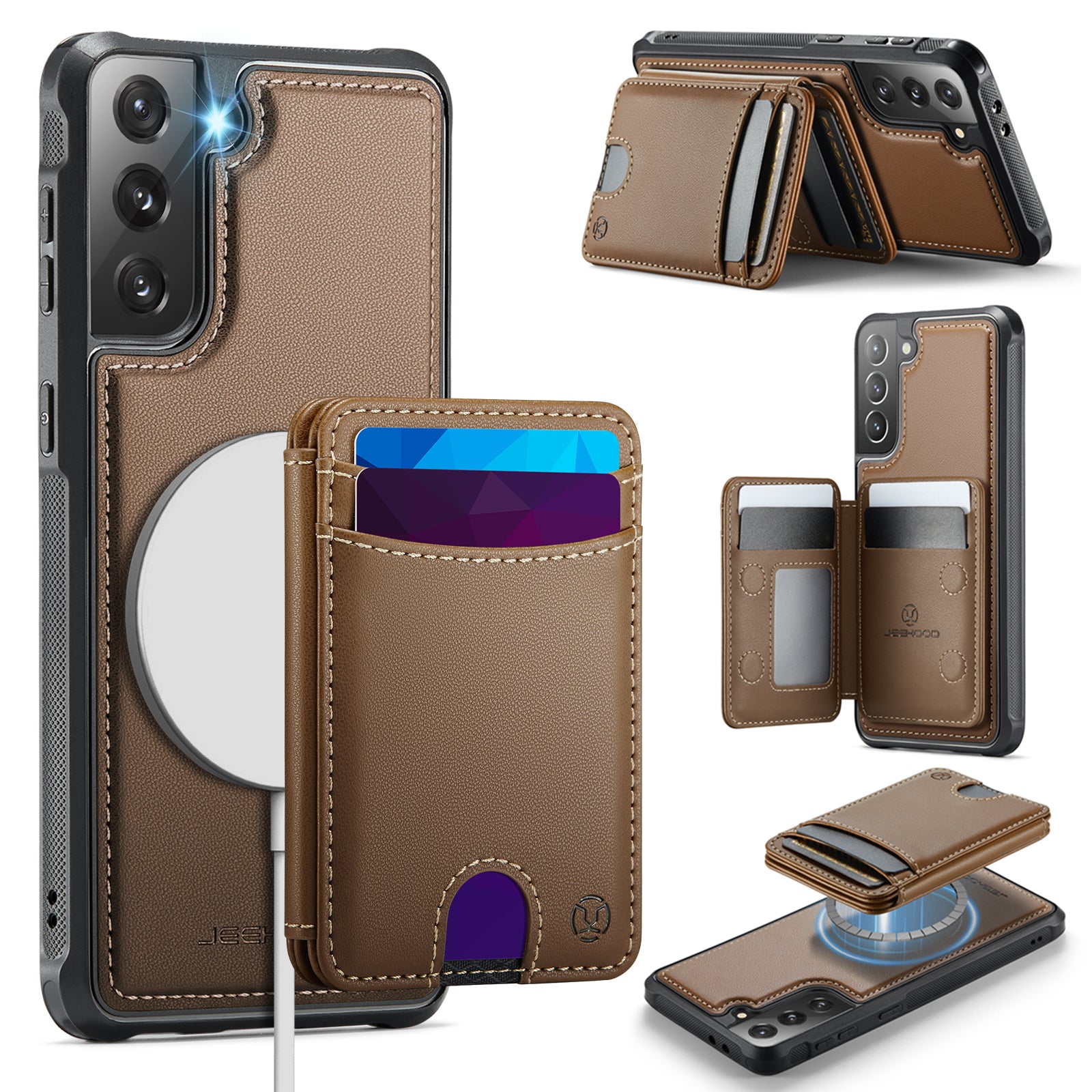 For Samsung Galaxy S21+ 5G Case JEEHOOD J10  Compatible with MagSafe Leather Back Phone Cover with Detachable Card Holder Kickstand