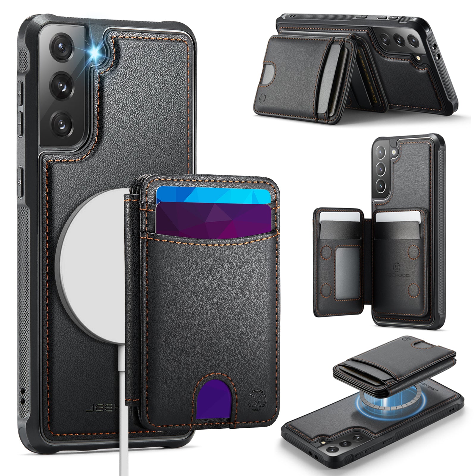 For Samsung Galaxy S21+ 5G Case JEEHOOD J10  Compatible with MagSafe Leather Back Phone Cover with Detachable Card Holder Kickstand