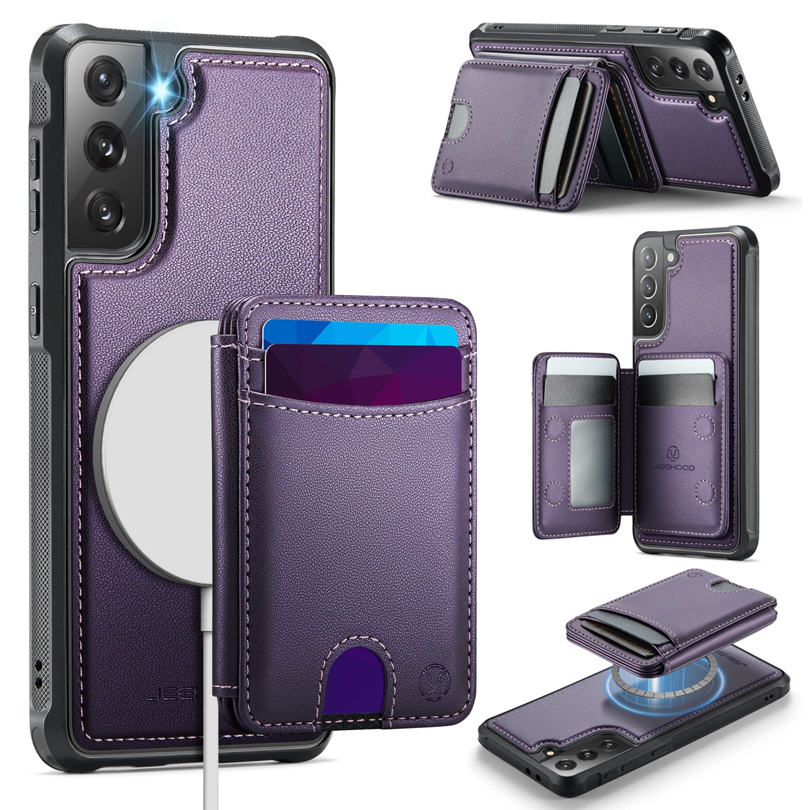 For Samsung Galaxy S21+ 5G Case JEEHOOD J10  Compatible with MagSafe Leather Back Phone Cover with Detachable Card Holder Kickstand