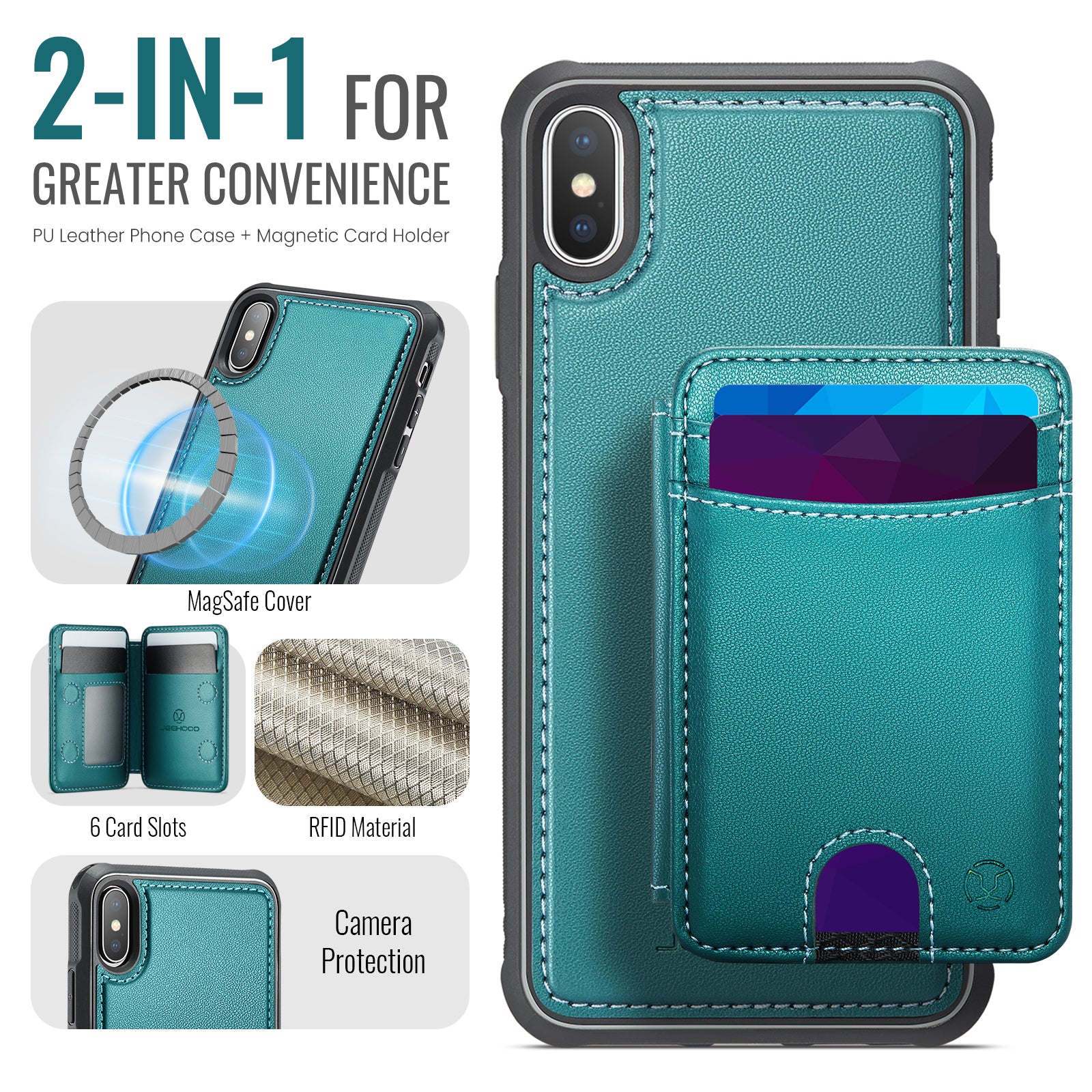 For iPhone XS Max 6.5 inch Case JEEHOOD J10  Compatible with MagSafe Leather Back Phone Cover with Detachable Card Holder Kickstand