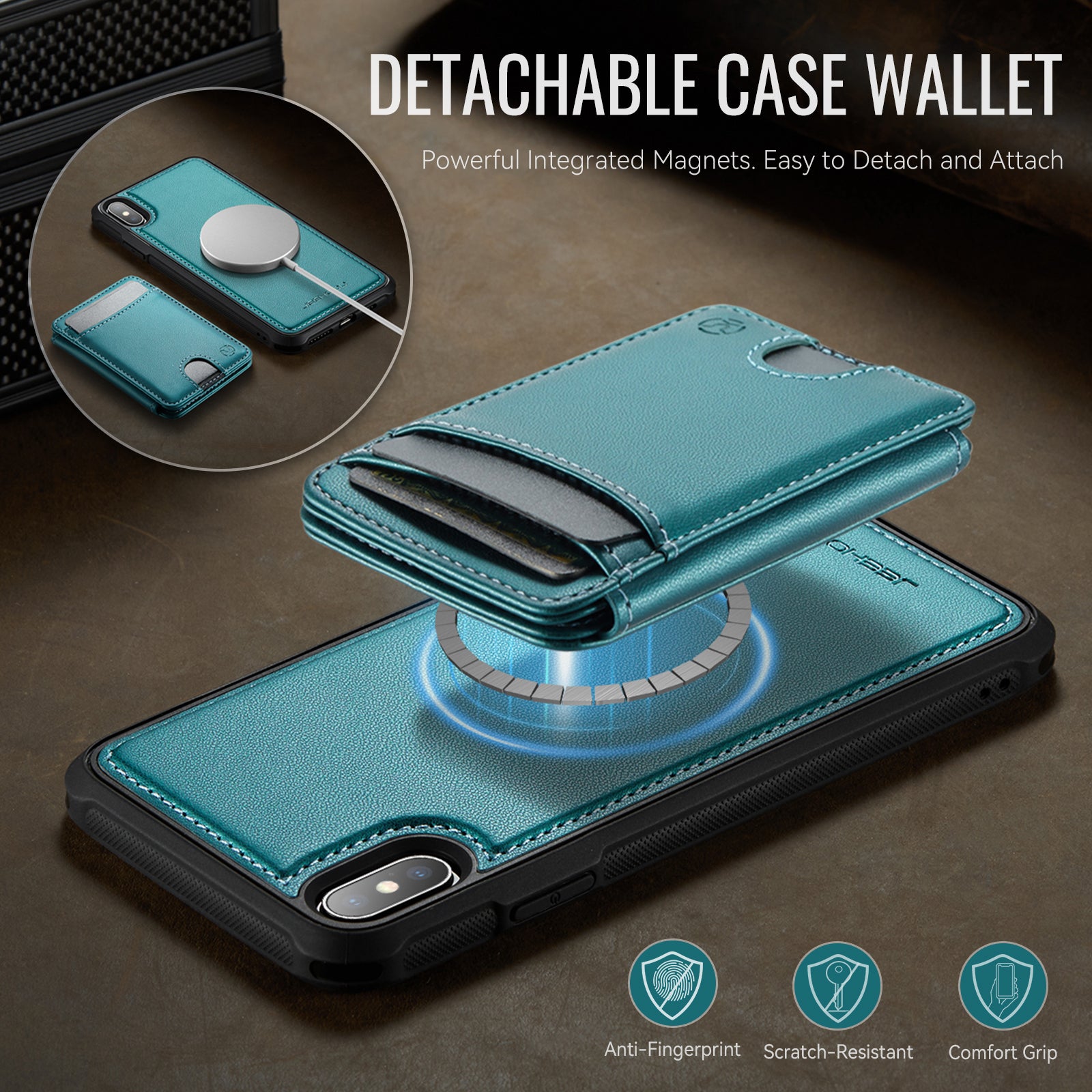 For iPhone XS Max 6.5 inch Case JEEHOOD J10  Compatible with MagSafe Leather Back Phone Cover with Detachable Card Holder Kickstand