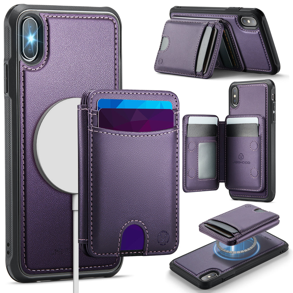 Funda JEEHOOD J10 para iPhone XS Max de 6.5 pulgadas, compatible con MagSafe, cubierta trasera de cuero con tarjetero desmontable y soporte.