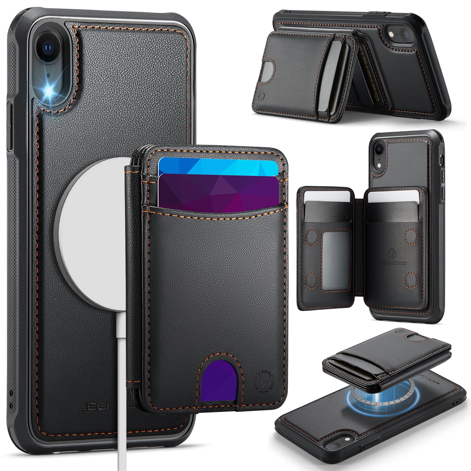 For iPhone XR 6.1 inch Case JEEHOOD J10  Compatible with MagSafe Leather Back Phone Cover with Detachable Card Holder Kickstand