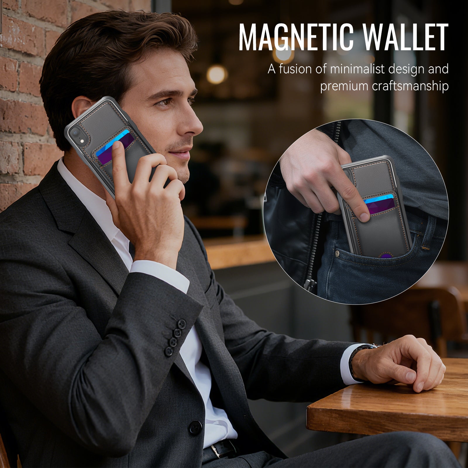 For iPhone XR 6.1 inch Case JEEHOOD J10  Compatible with MagSafe Leather Back Phone Cover with Detachable Card Holder Kickstand