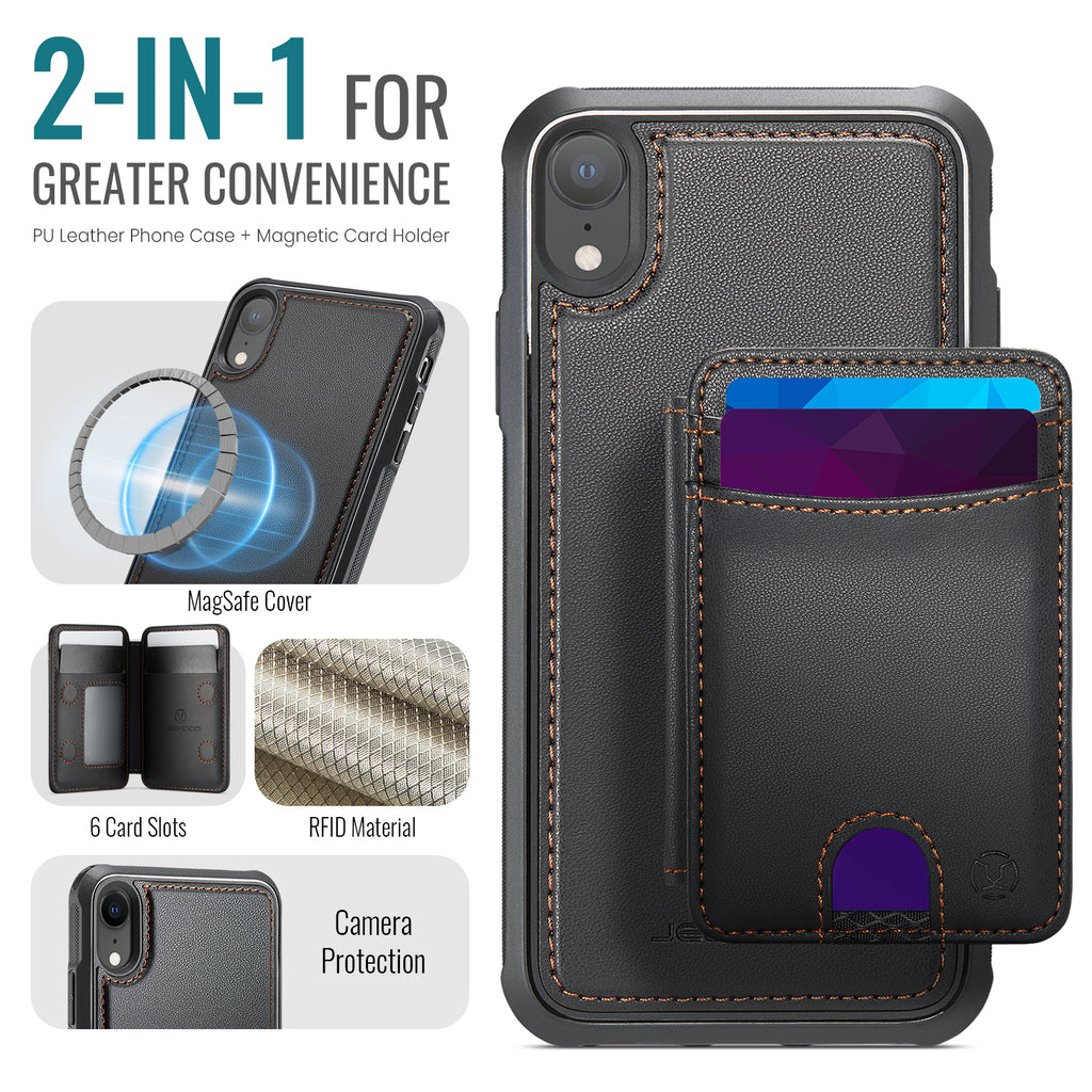 For iPhone XR 6.1 inch Case JEEHOOD J10  Compatible with MagSafe Leather Back Phone Cover with Detachable Card Holder Kickstand