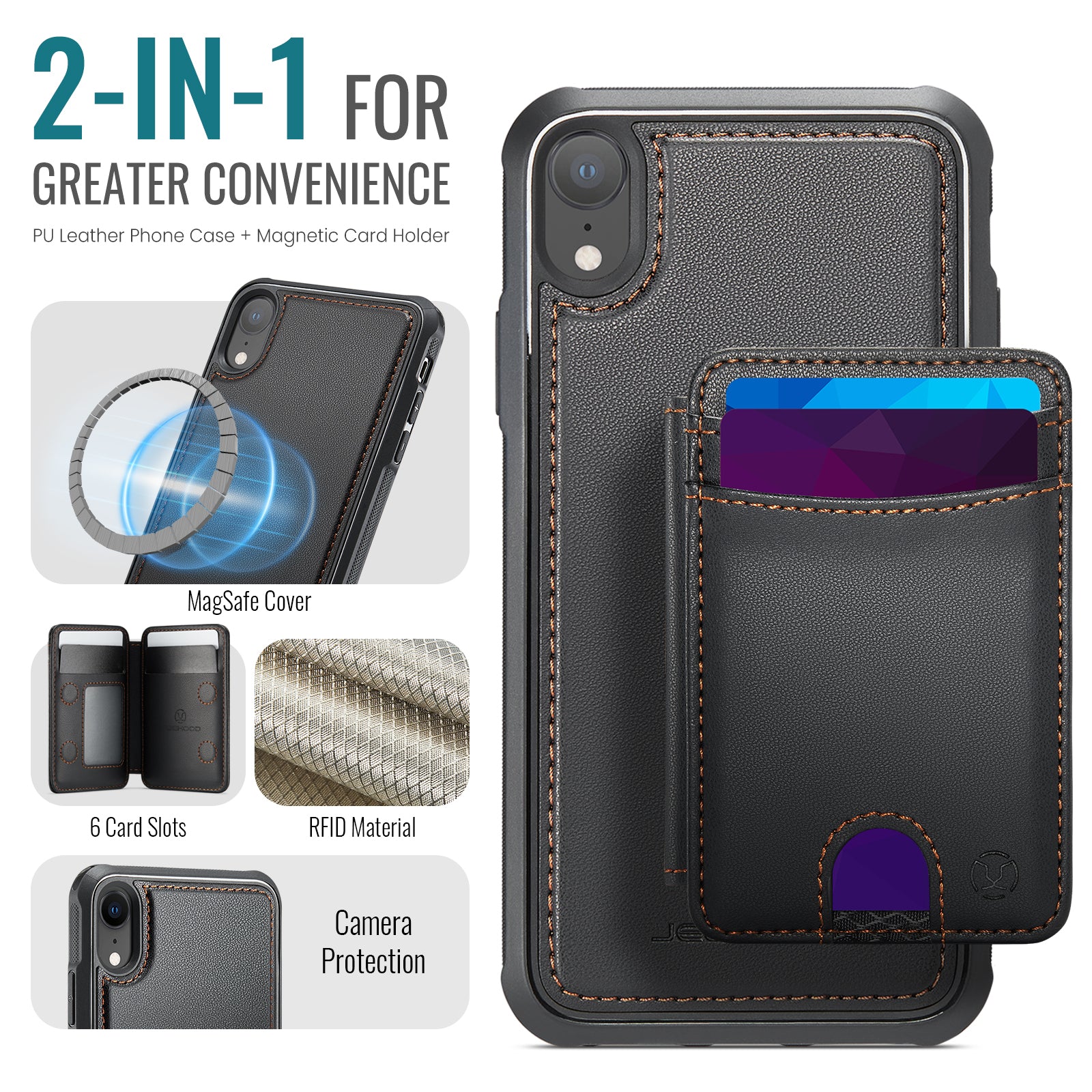 For iPhone XR 6.1 inch Case JEEHOOD J10  Compatible with MagSafe Leather Back Phone Cover with Detachable Card Holder Kickstand